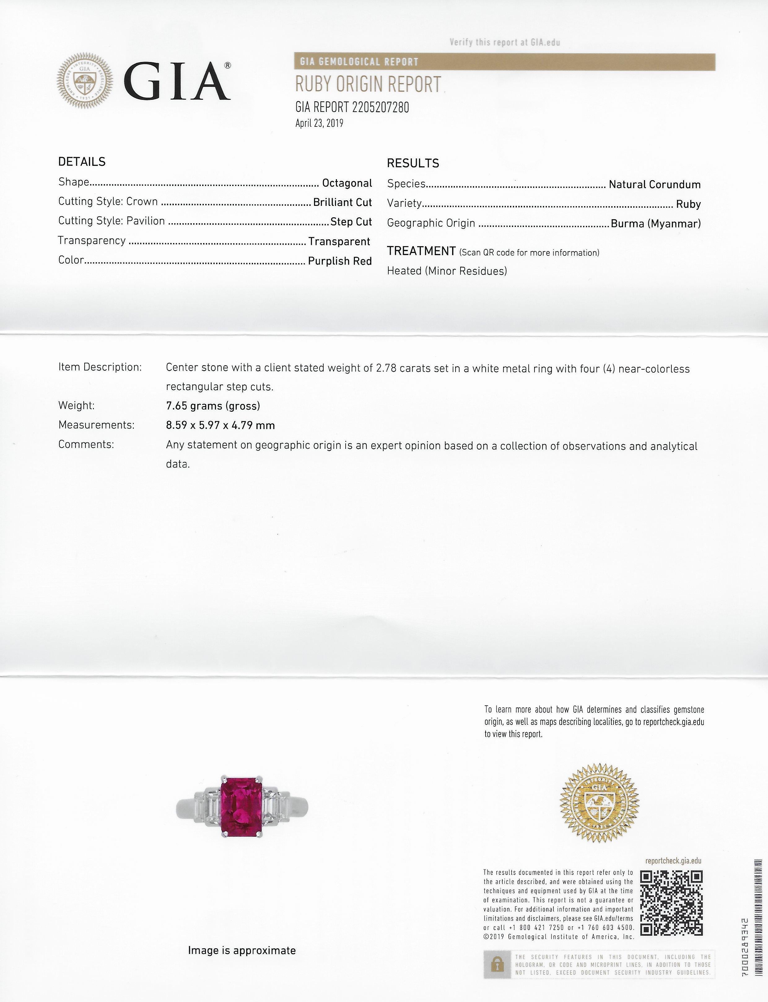 Contemporary 3.49 Carat Burma Ruby Diamond Platinum Stepped Statement Ring GIA 6