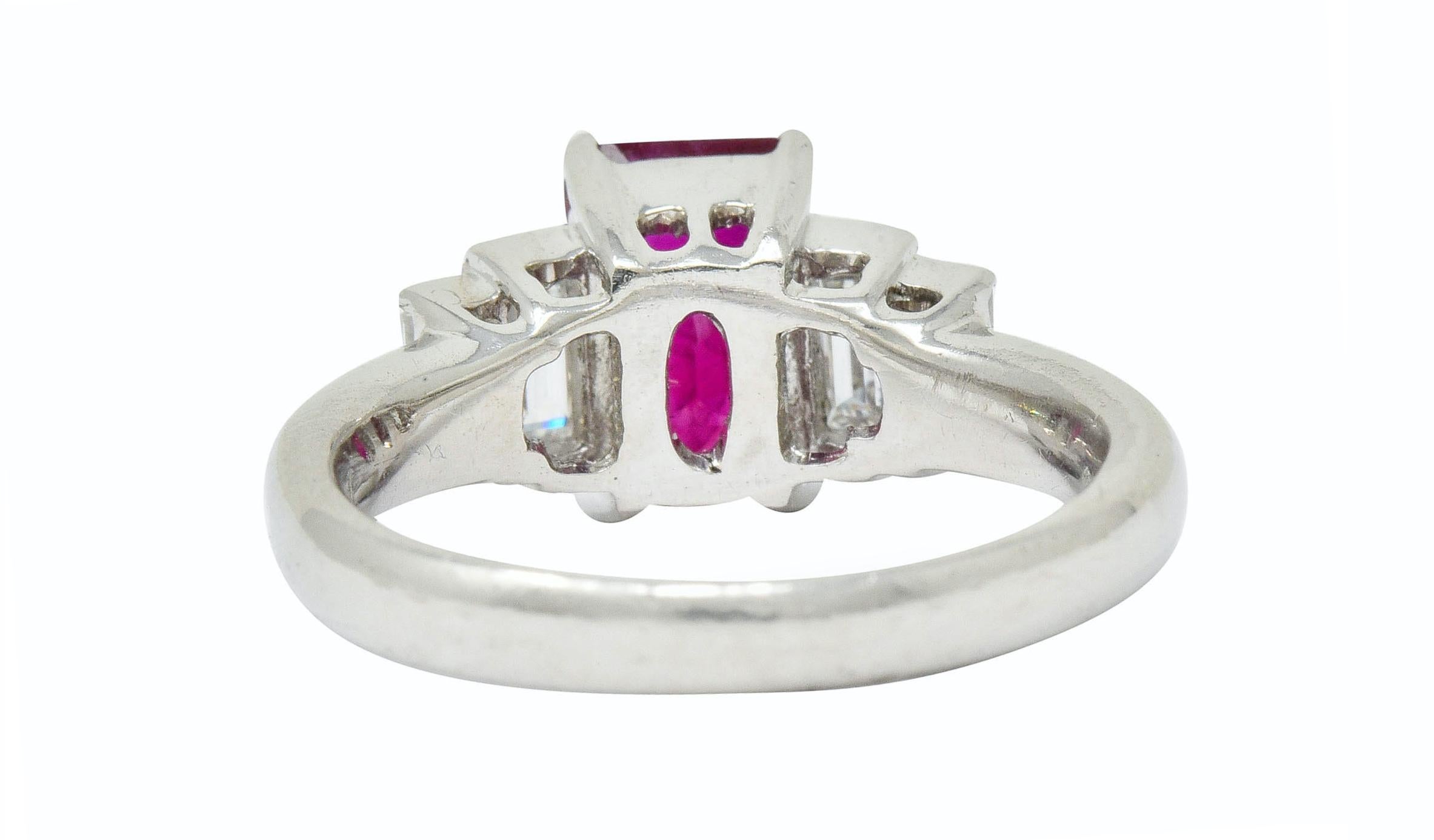 Contemporary 3.49 Carat Burma Ruby Diamond Platinum Stepped Statement Ring GIA In Excellent Condition In Philadelphia, PA