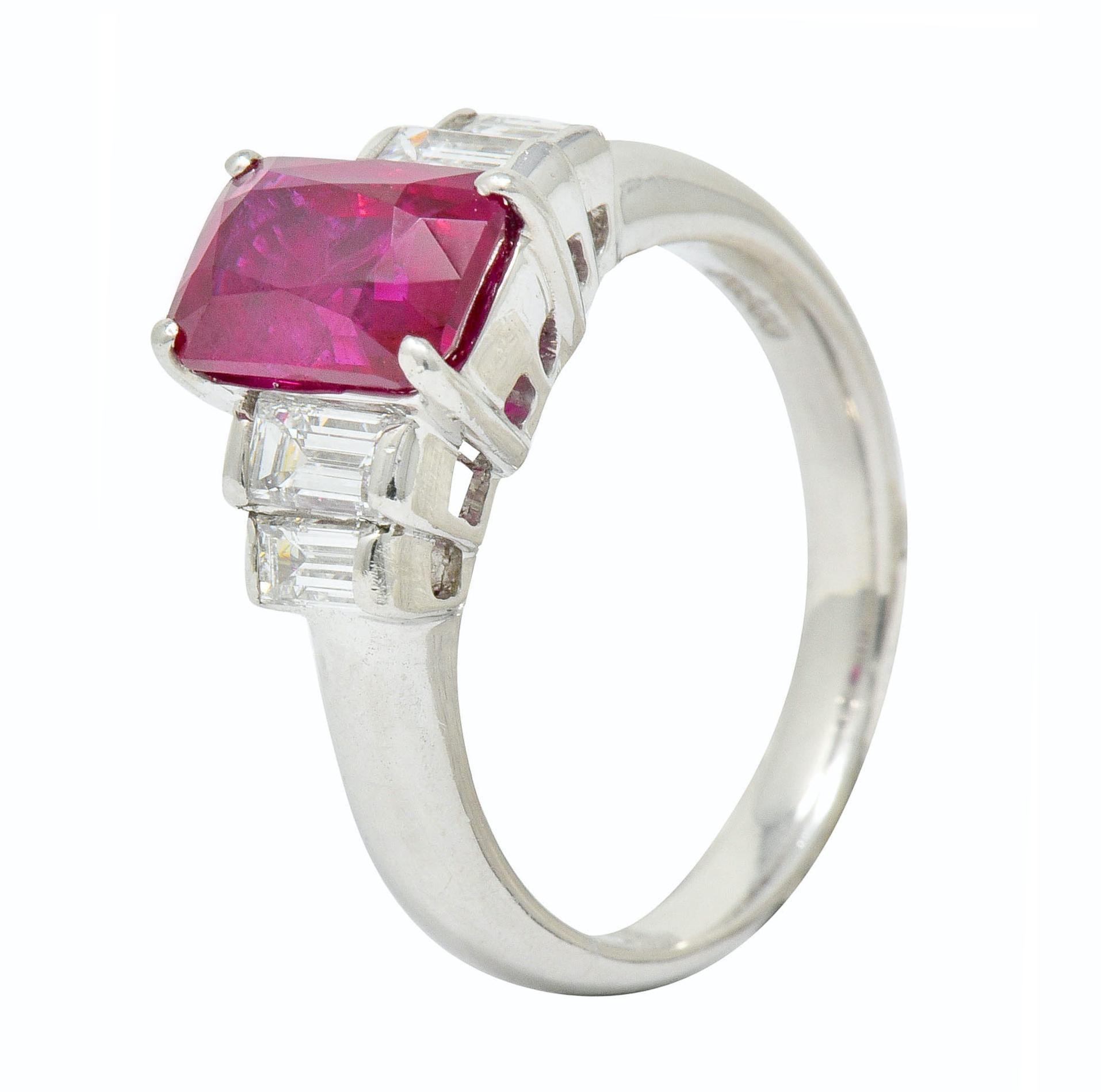 Contemporary 3.49 Carat Burma Ruby Diamond Platinum Stepped Statement Ring GIA 3