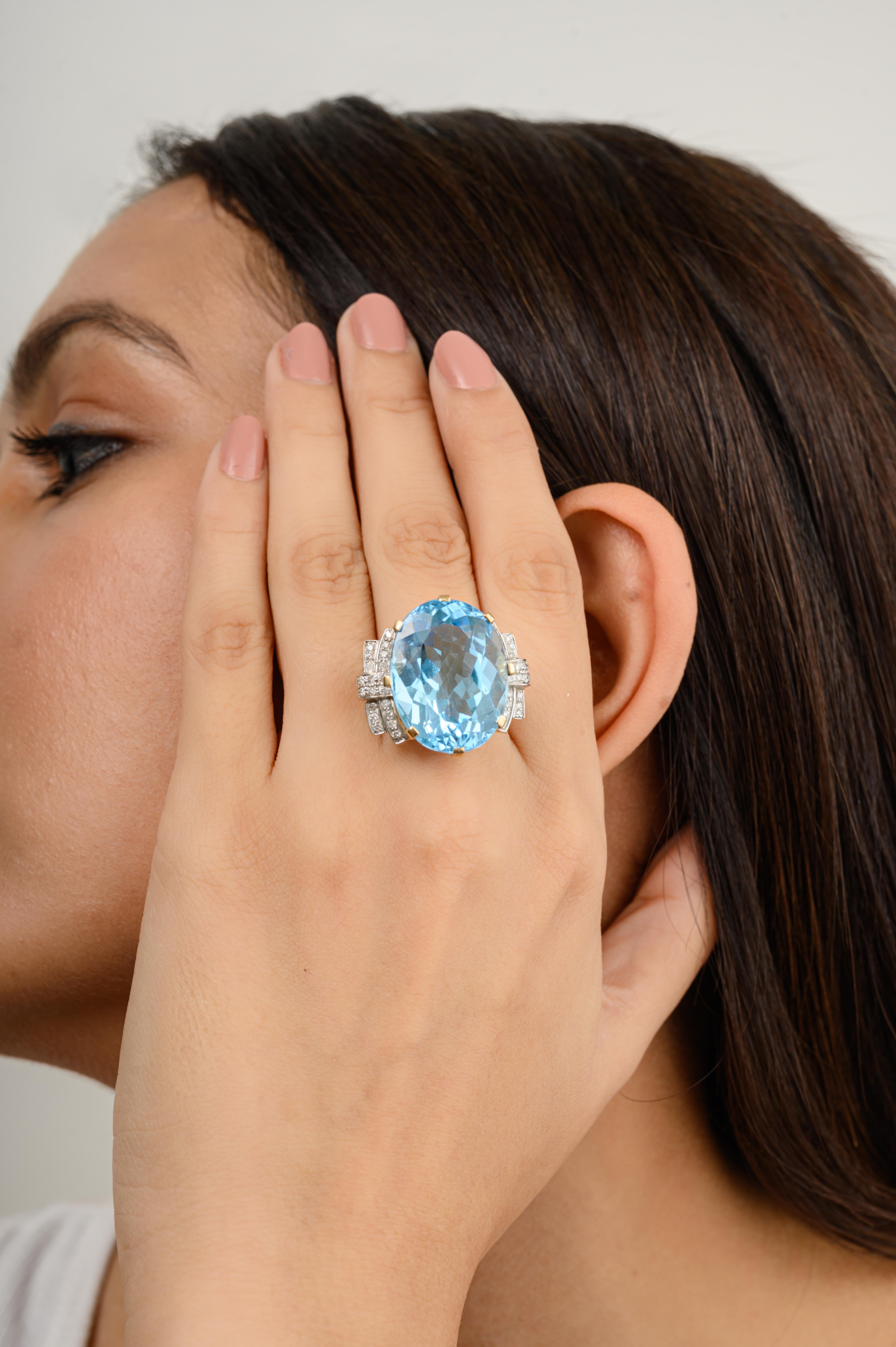 For Sale:  Contemporary 35.2 CTW Blue Topaz Diamond Huge Cocktail Ring in 14k Yellow Gold 2