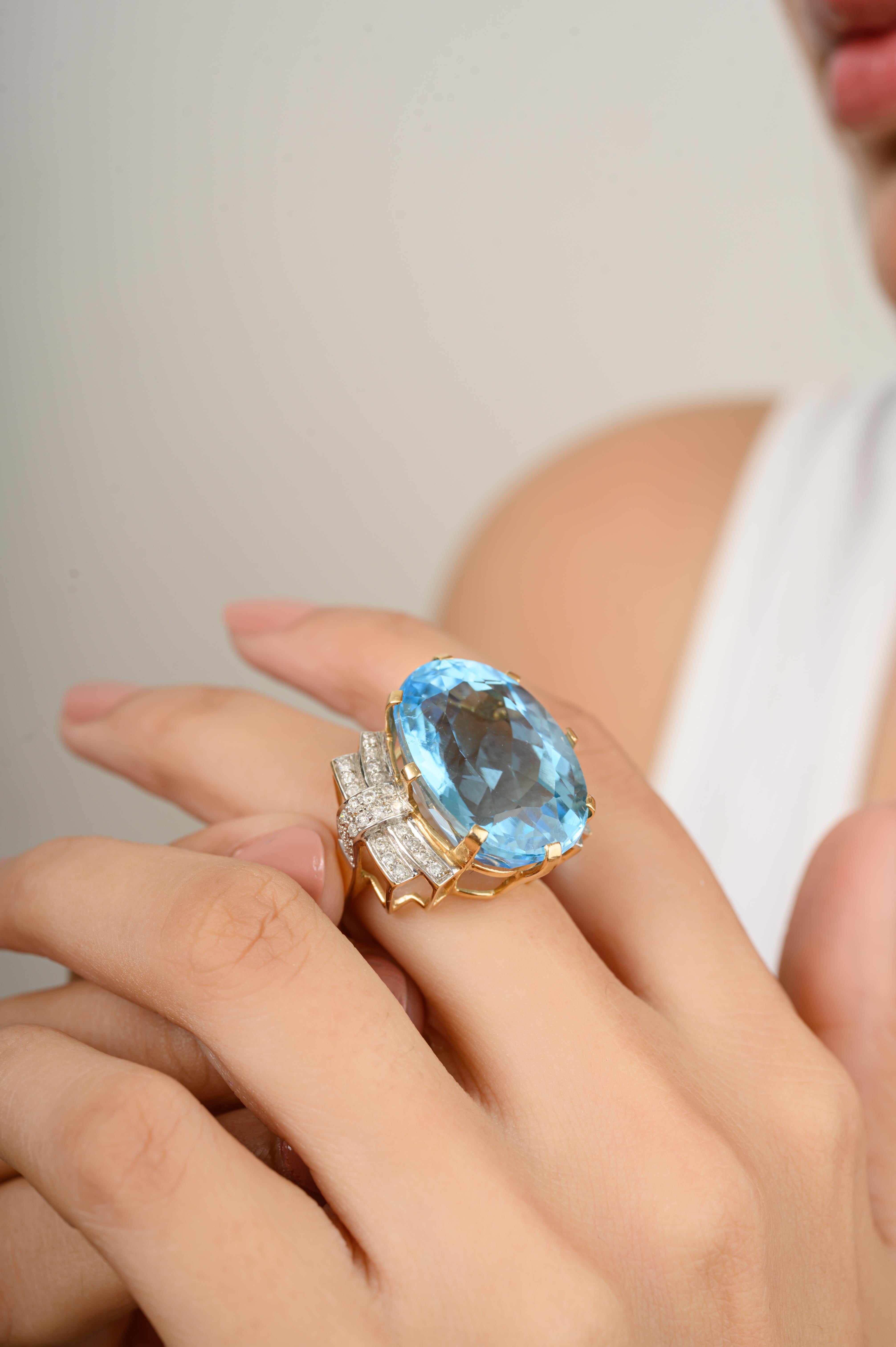 For Sale:  Contemporary 35.2 CTW Blue Topaz Diamond Huge Cocktail Ring in 14k Yellow Gold 6