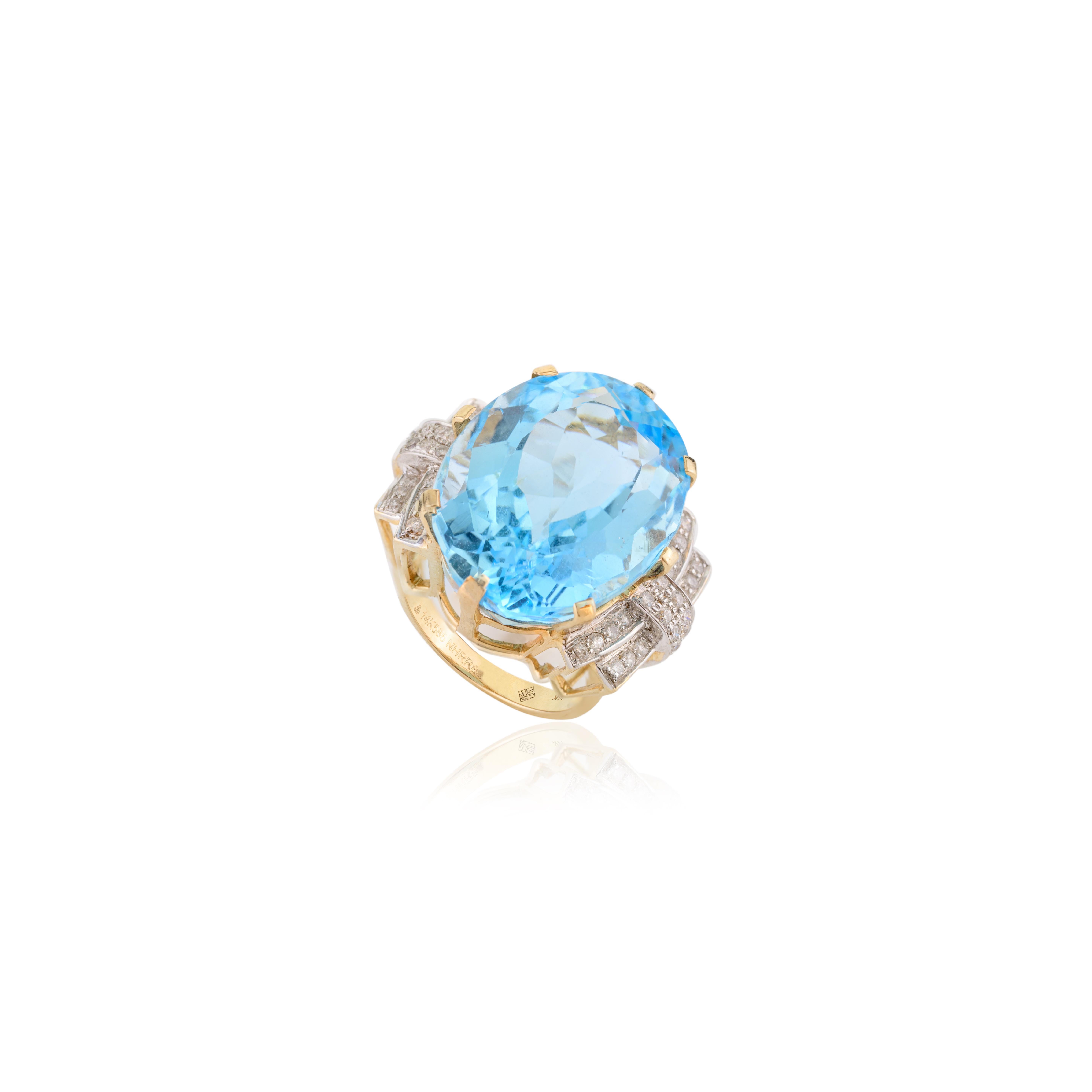 For Sale:  Contemporary 35.2 CTW Blue Topaz Diamond Huge Cocktail Ring in 14k Yellow Gold 7