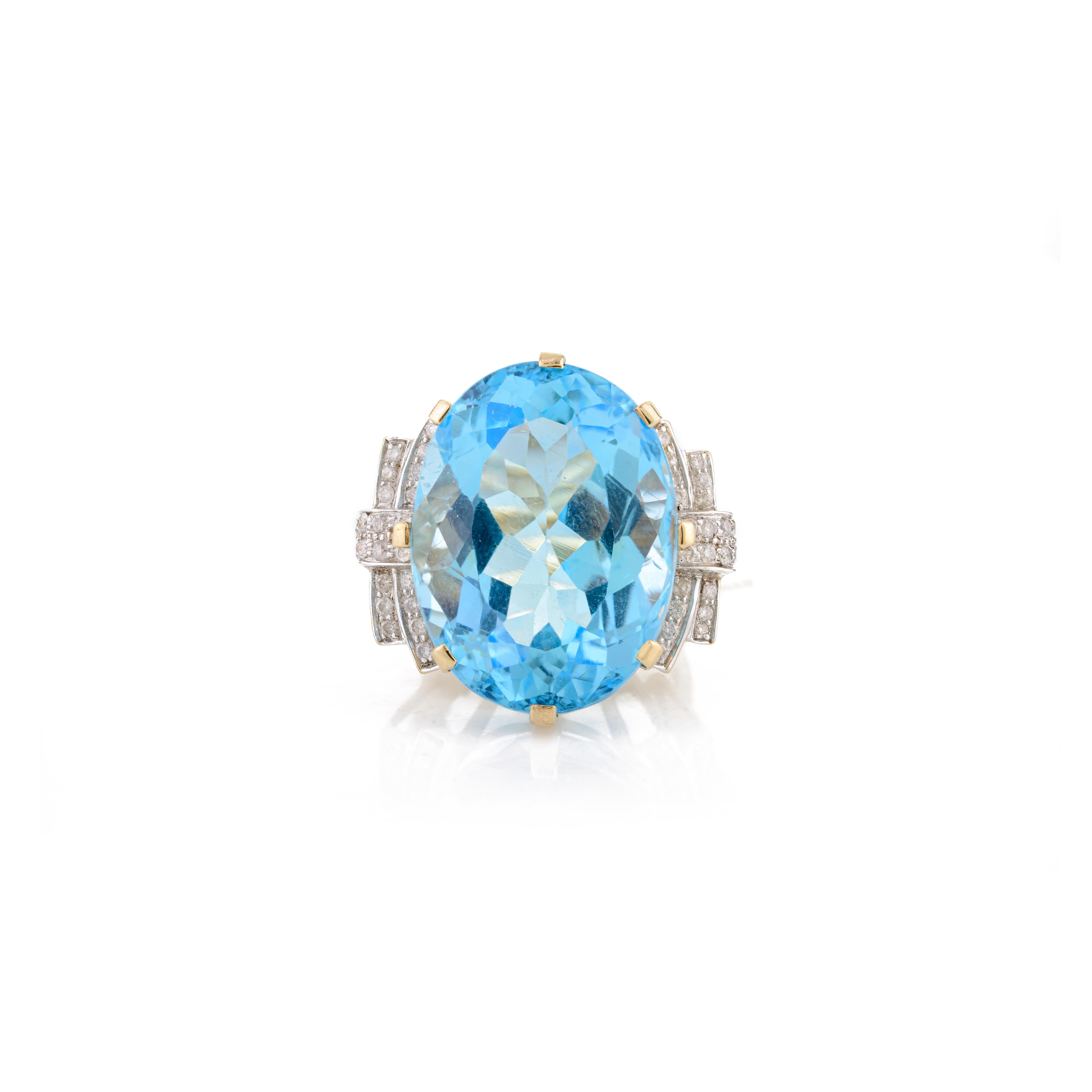 For Sale:  Contemporary 35.2 CTW Blue Topaz Diamond Huge Cocktail Ring in 14k Yellow Gold 9