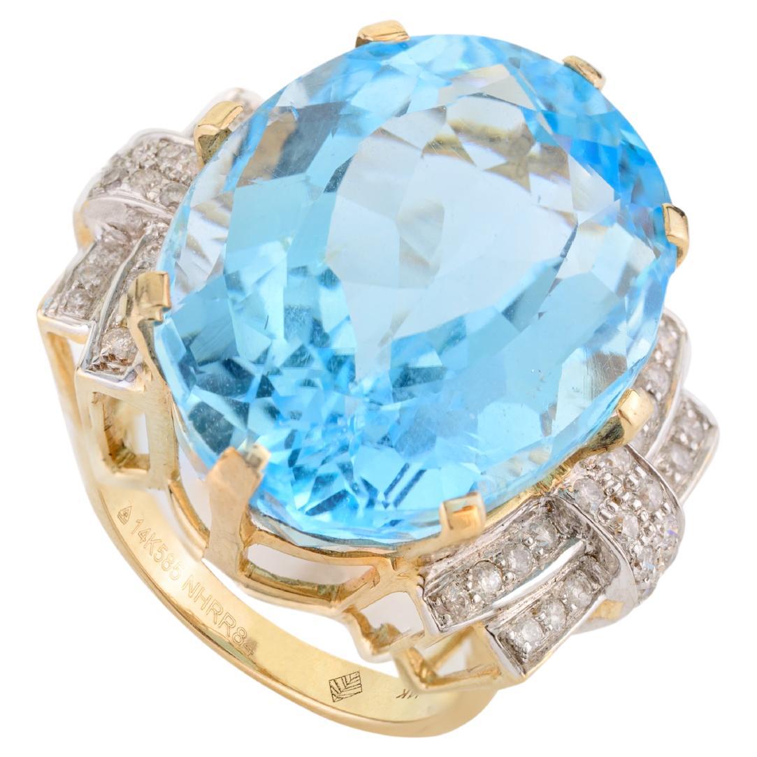 Contemporary 35.2 CTW Blue Topaz Diamond Huge Cocktail Ring in 14k Yellow Gold