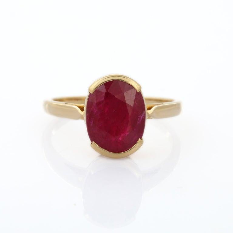For Sale:  Contemporary 3.59 CTW Ruby Solitaire Ring in 14k Solid Yellow Gold for Her 13