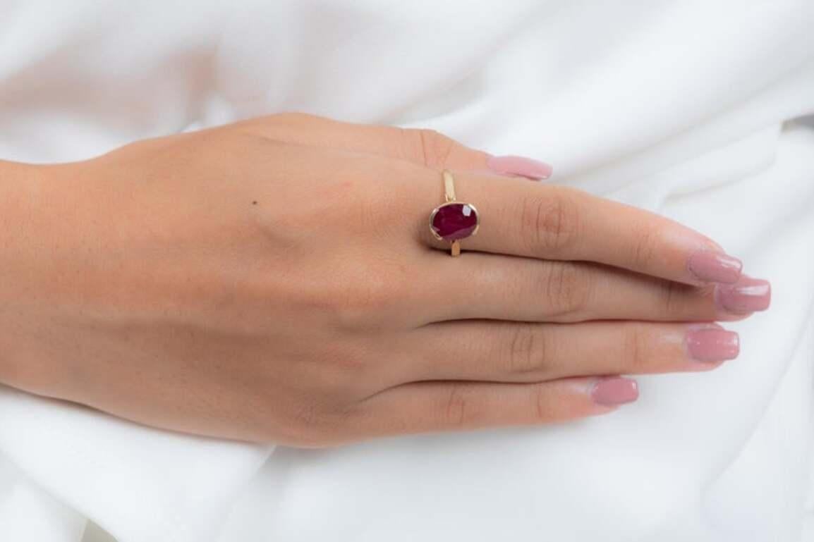 For Sale:  Contemporary 3.59 CTW Ruby Solitaire Ring in 14k Solid Yellow Gold for Her 3