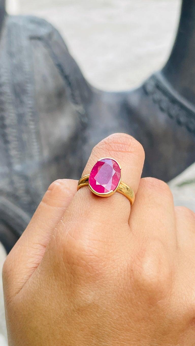 For Sale:  Contemporary 3.59 CTW Ruby Solitaire Ring in 14k Solid Yellow Gold for Her 5