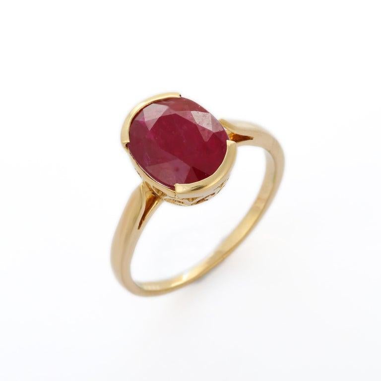 For Sale:  Contemporary 3.59 CTW Ruby Solitaire Ring in 14k Solid Yellow Gold for Her 7