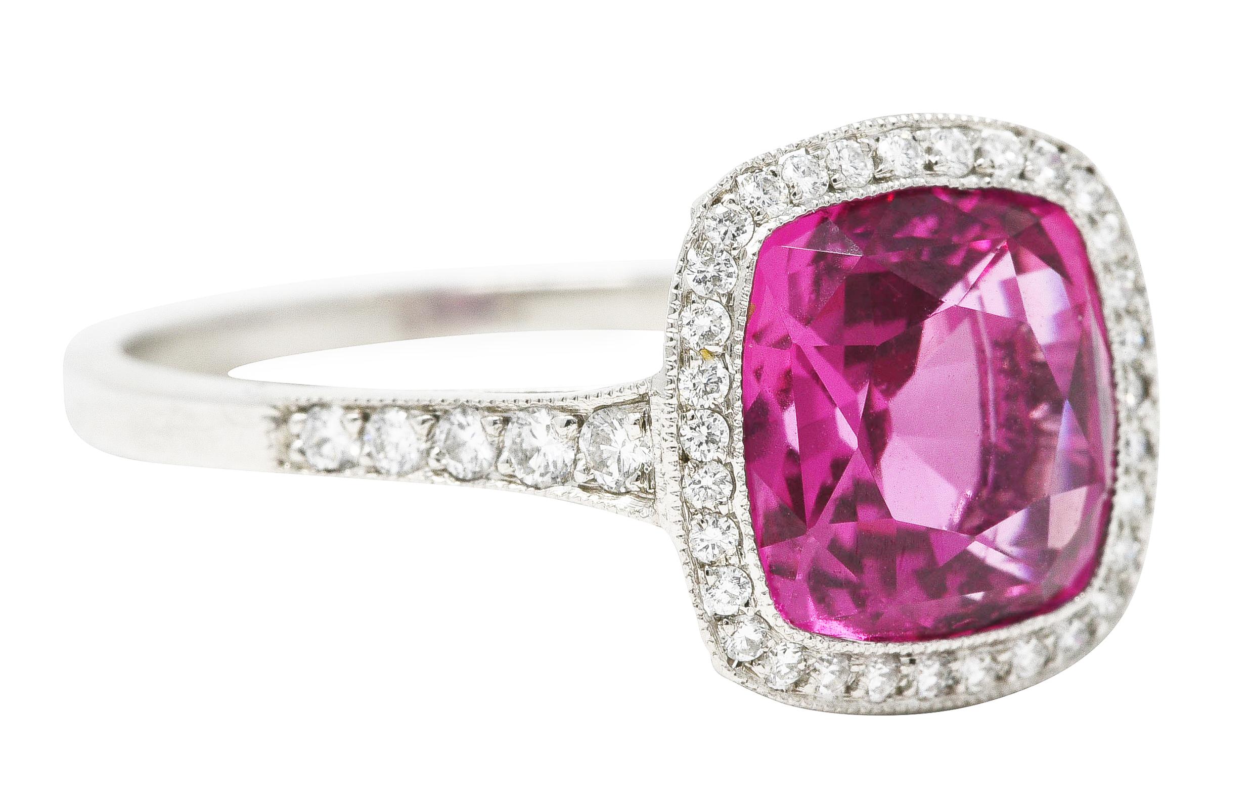 Cushion Cut Contemporary 3.60 Carats Pink Sapphire Diamond Platinum Diamond Gemstone Ring