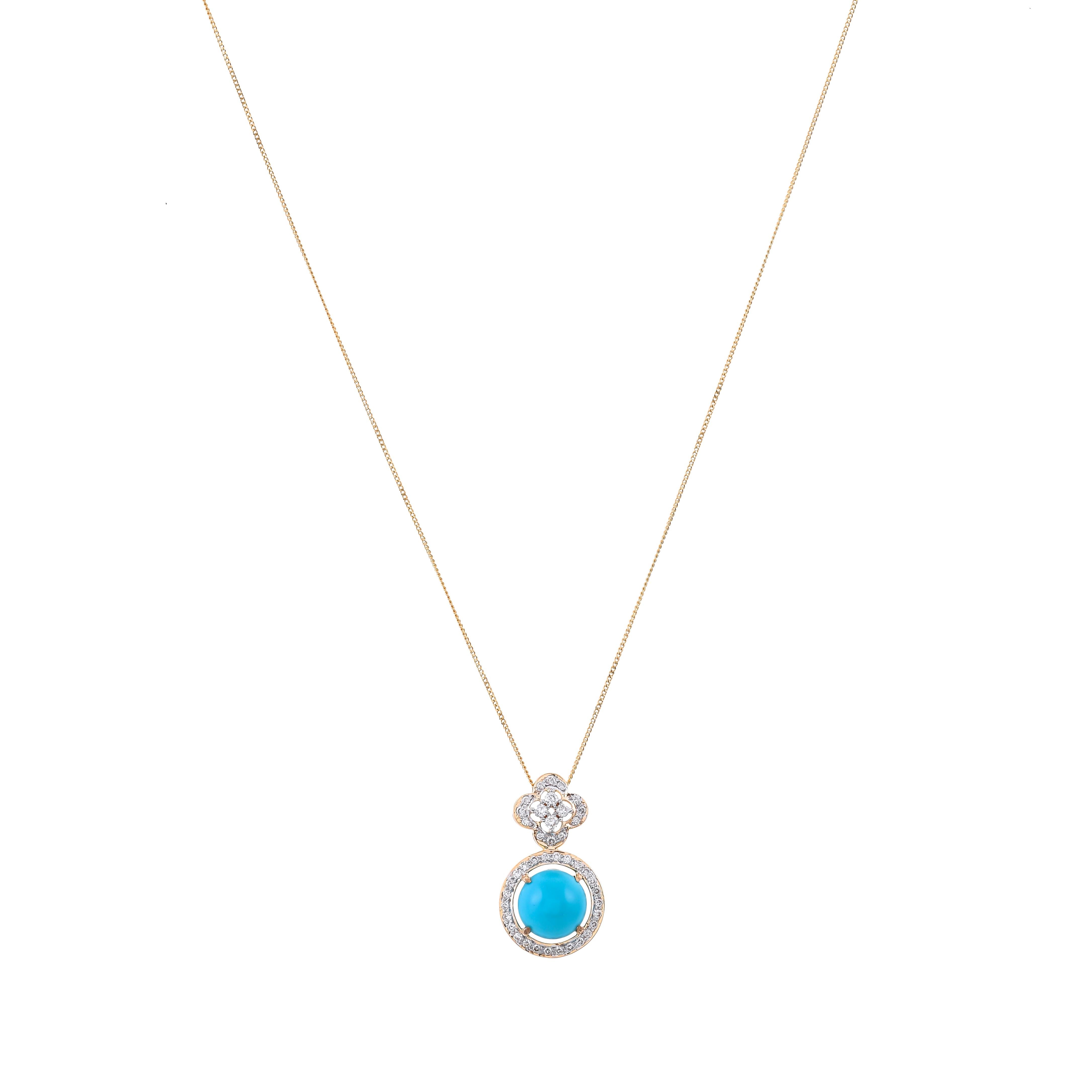 Crafted in 18 Karat yellow gold, this contemporary design pendant features a 3.61 caratS fine turquoise cabochon embellished with 0.49 caratS pave set diamonds.
Add extra sparkle with this precious and one of a kind piece.
Stone Size- 10x10
Total