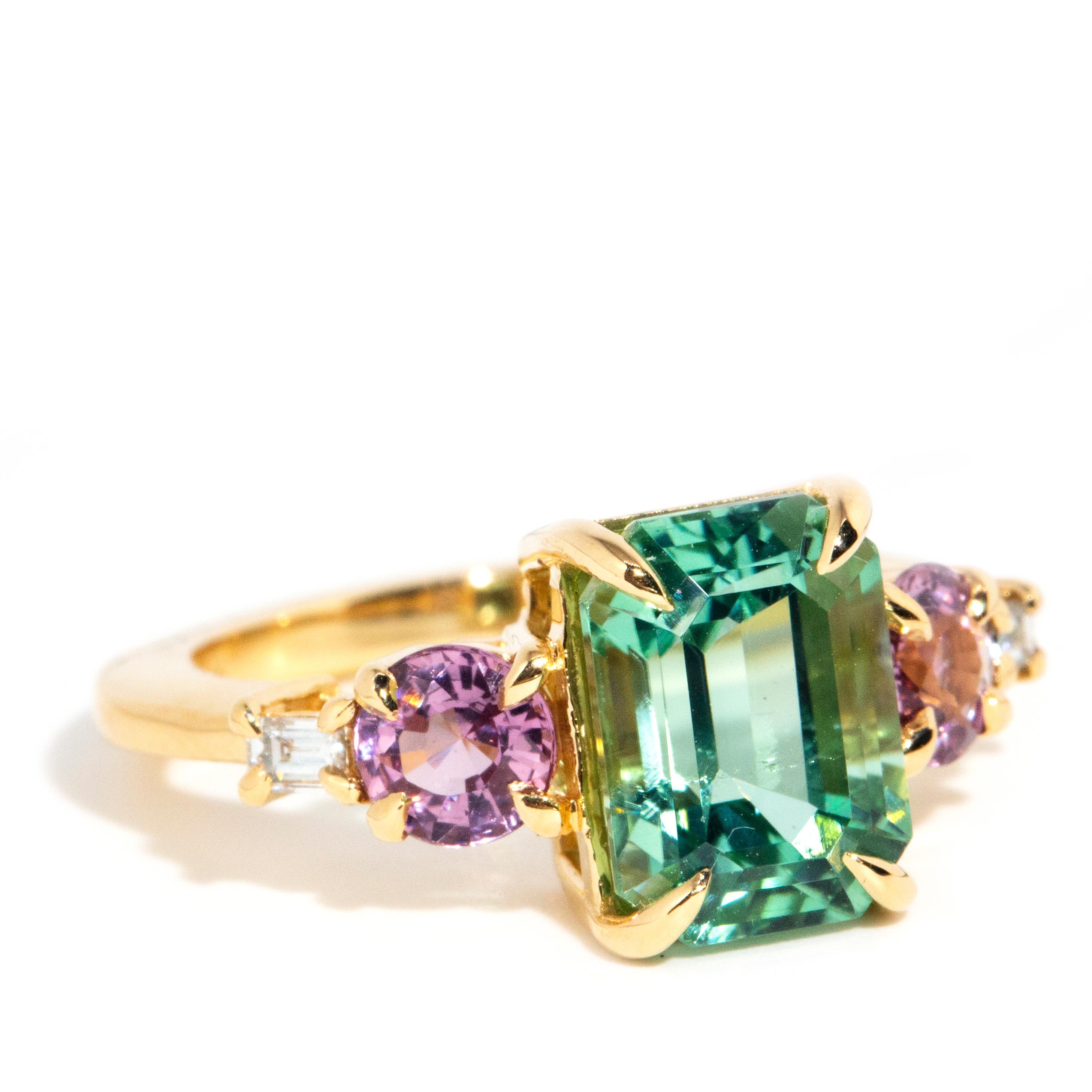 Emerald Cut Contemporary 3.80 Carat Green Tourmaline Spinel and Diamond Ring 18 Carat Gold