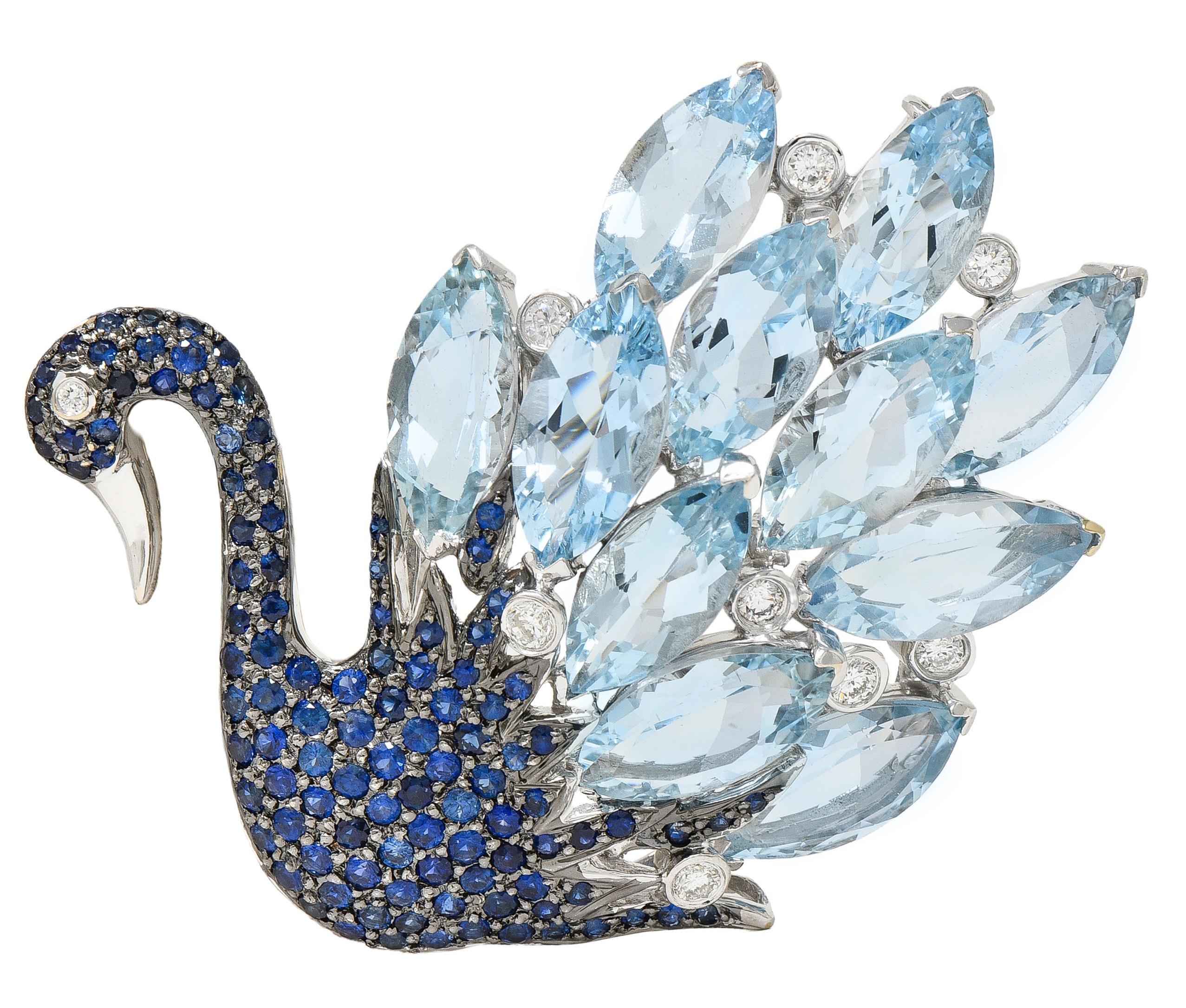 Spilla a forma di cigno in oro bianco 18 carati con zaffiro e acquamarina da 38,90 CTW