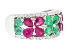 Contemporary 3.95 Carats Emerald Ruby Diamond 14 Karat White Gold Gemstone Ring