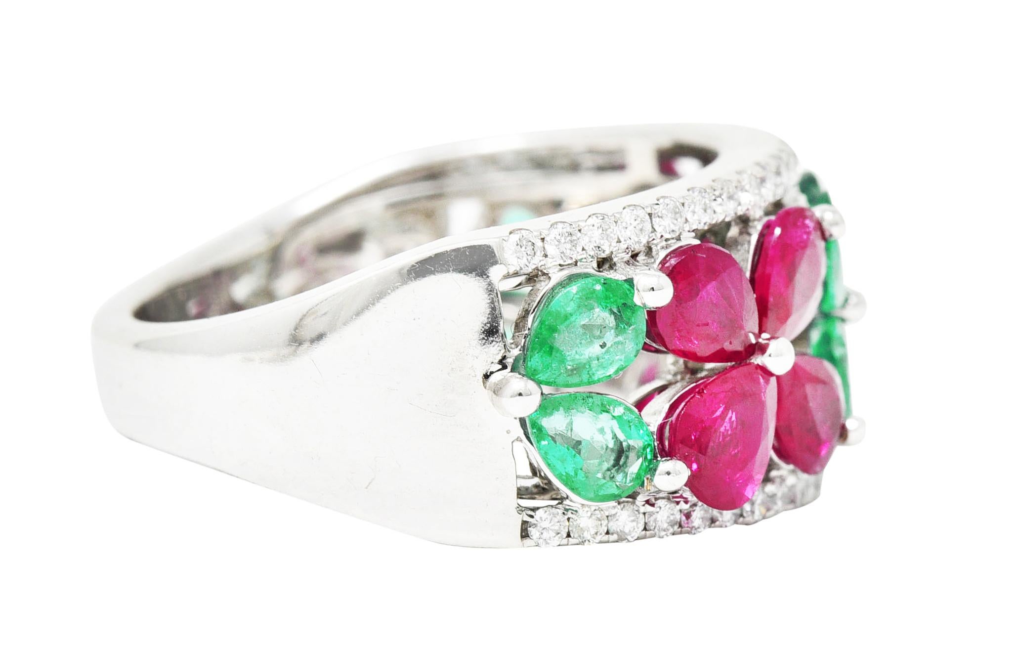 Pear Cut Contemporary 3.95 Carats Emerald Ruby Diamond 14 Karat White Gold Gemstone Ring