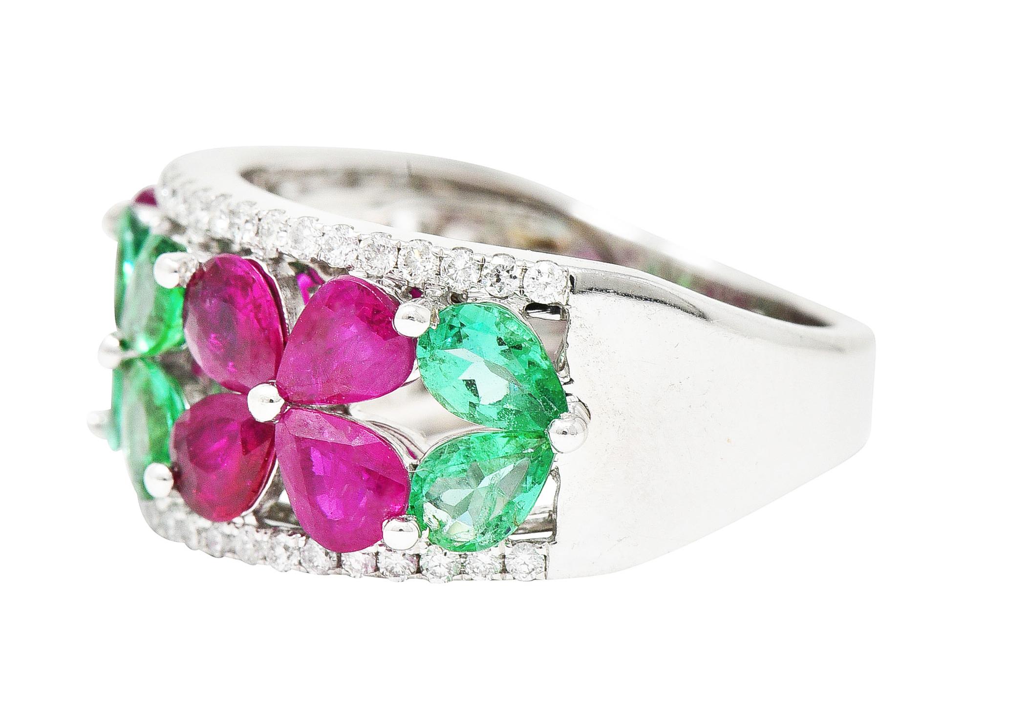 Women's or Men's Contemporary 3.95 Carats Emerald Ruby Diamond 14 Karat White Gold Gemstone Ring