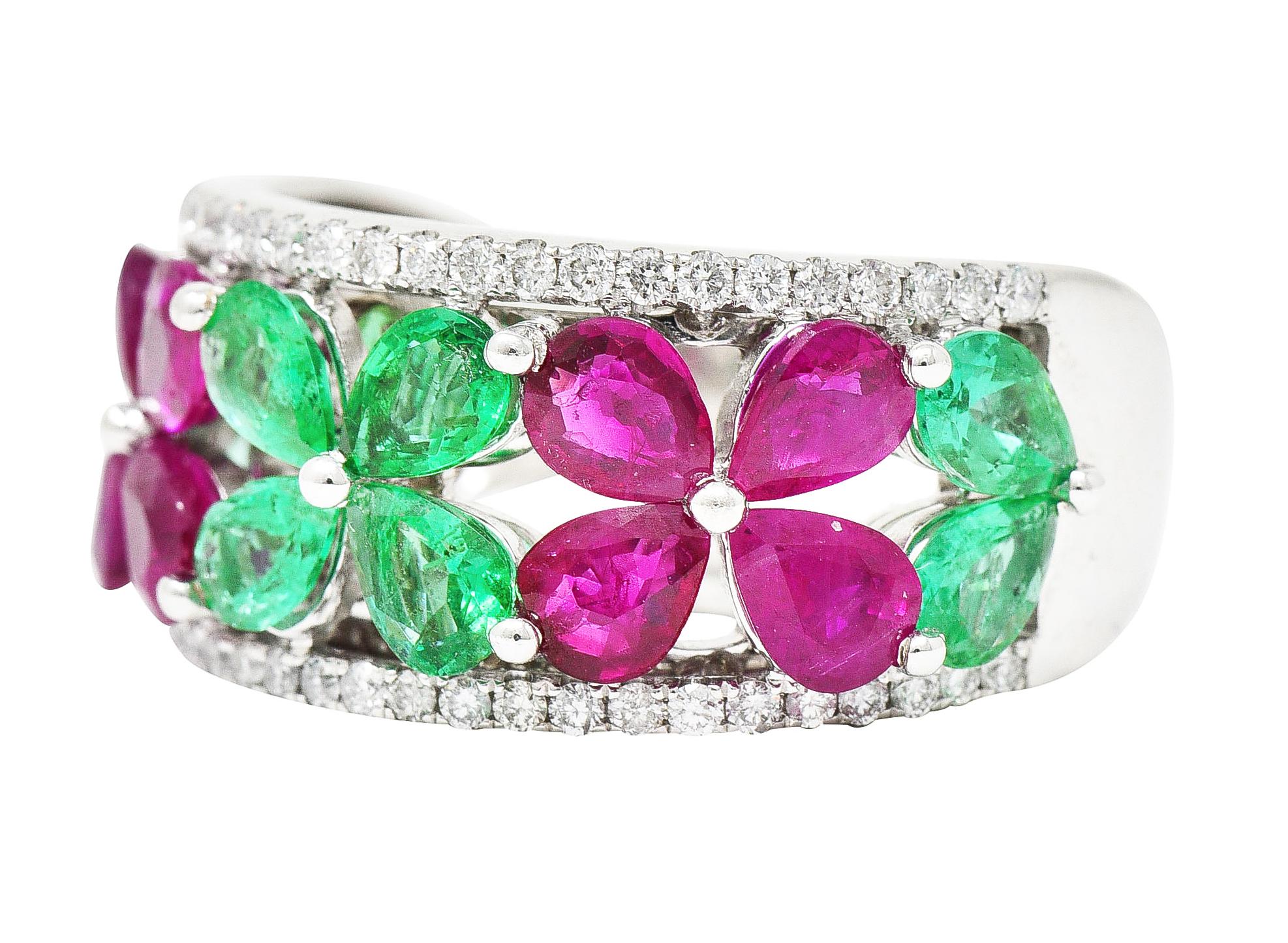 Contemporary 3.95 Carats Emerald Ruby Diamond 14 Karat White Gold Gemstone Ring 1