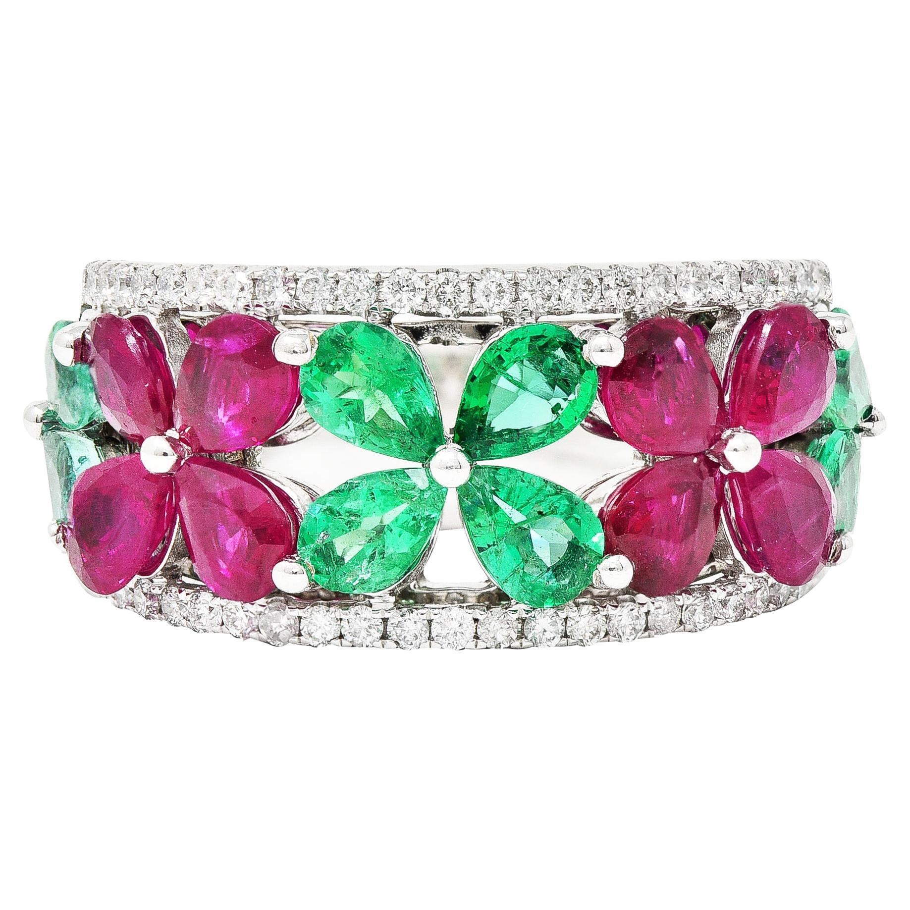 Contemporary 3.95 Carats Emerald Ruby Diamond 14 Karat White Gold Gemstone Ring