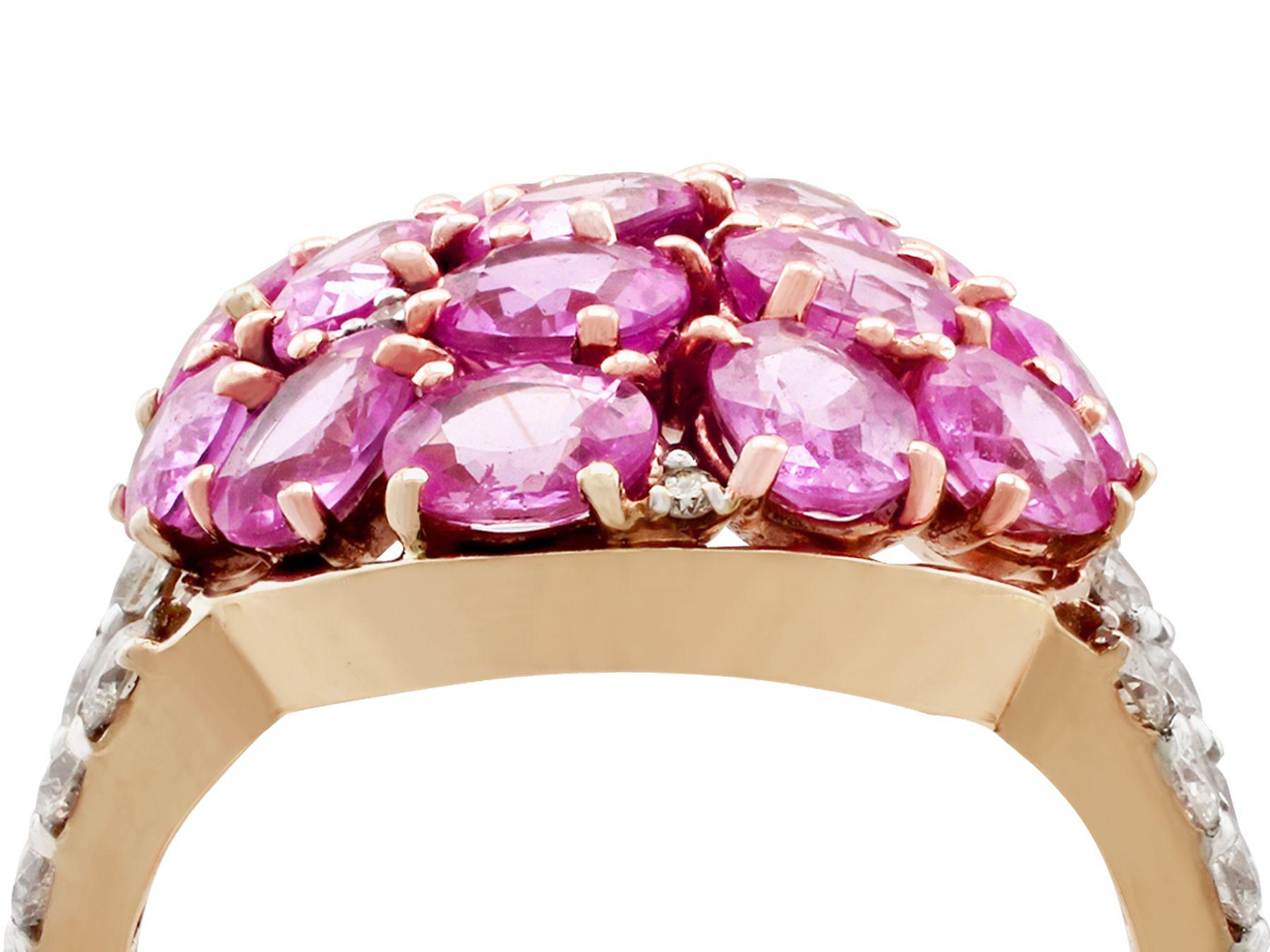 An impressive 3.99 carat pink sapphire and 0.40 carat diamond, 18 karat yellow and white gold cluster ring; part of our diverse gemstone jewelry and estate jewelry collections.

This fine and impressive pink sapphire ring with diamonds has been