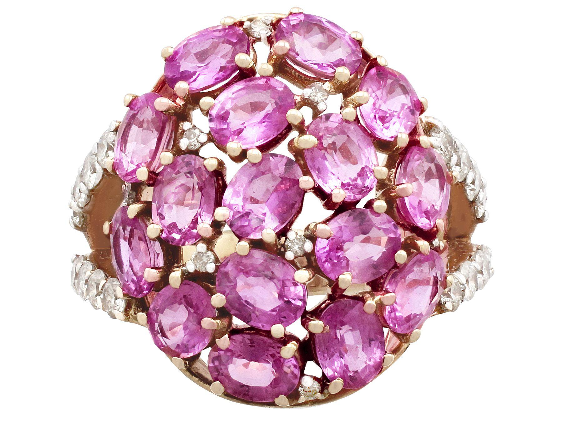Anillo de cóctel de oro amarillo con zafiro rosa y diamantes de 3,99 quilates en Excelente estado para la venta en Jesmond, Newcastle Upon Tyne