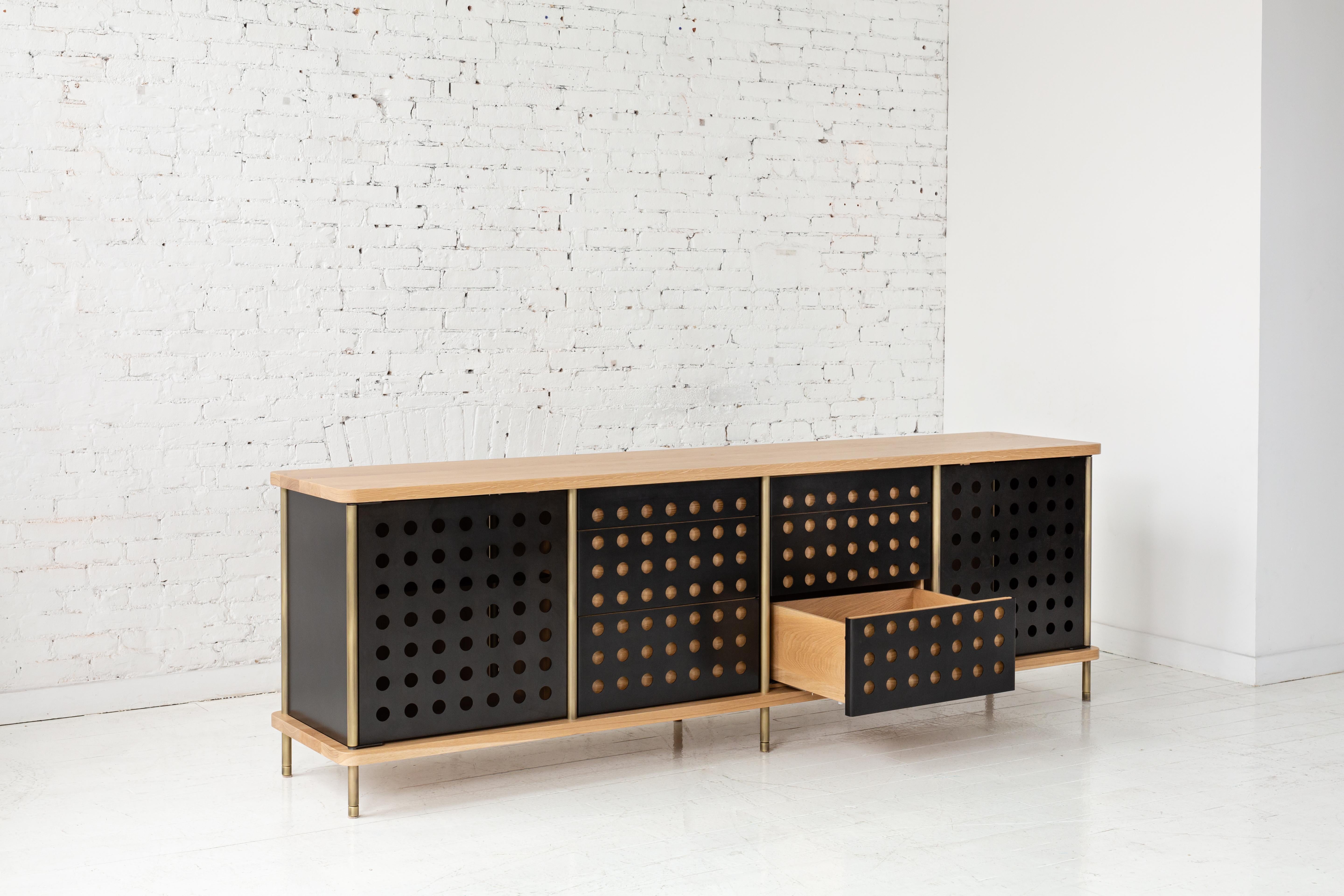 Contemporary 4 Door Strata Credenza in Walnut Wood and Brass by Fort Standard For Sale 1