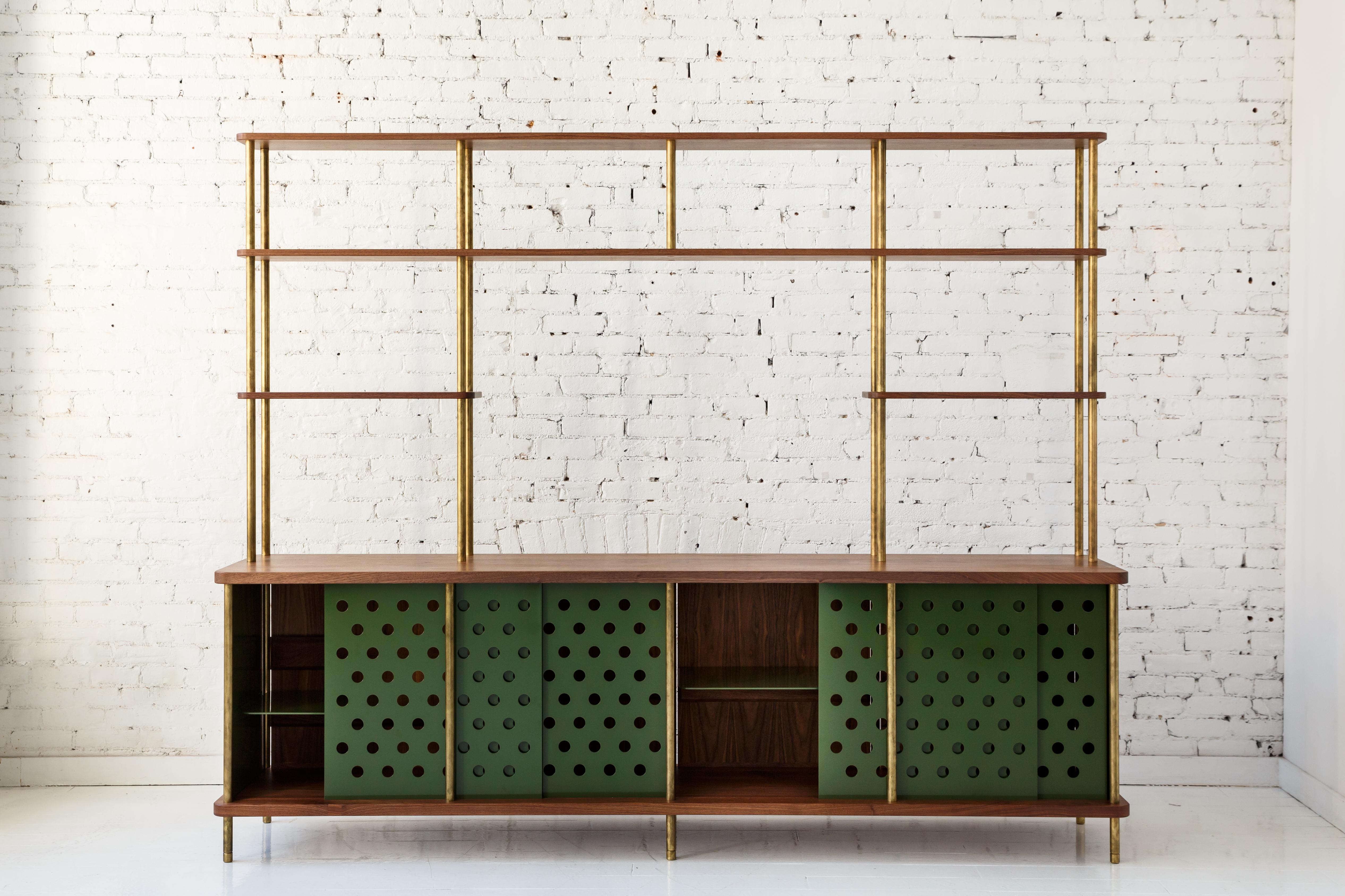 Blackened Contemporary 4-Door Strata Credenza in White Oak Wood and Brass by Fort Standard For Sale