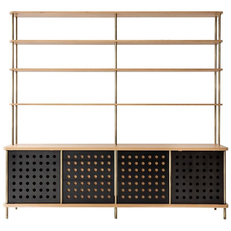 Contemporary 4-Door Strata Credenza in White Oak Wood and Brass by Fort Standard