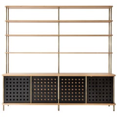 Contemporary 4-Door Strata Credenza in White Oak Wood and Brass by Fort Standard