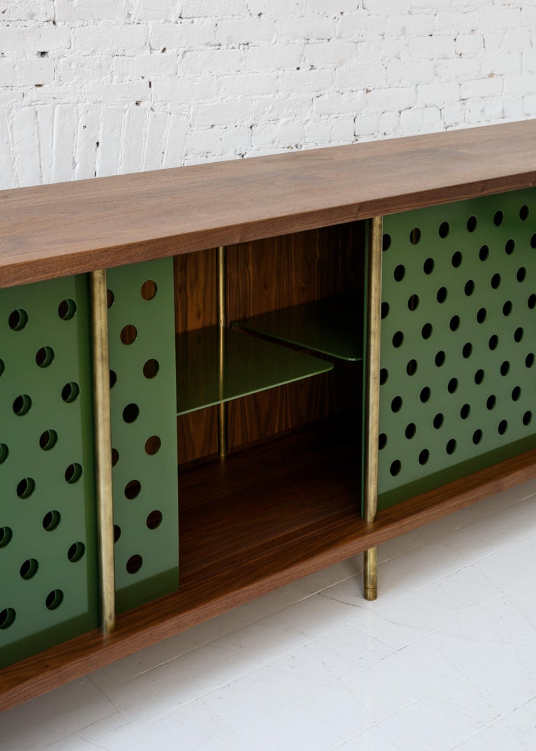 Contemporary 4-Door Strata Credenza, Walnut, Brass, Green Doors by Fort Standard In New Condition In Brooklyn, NY