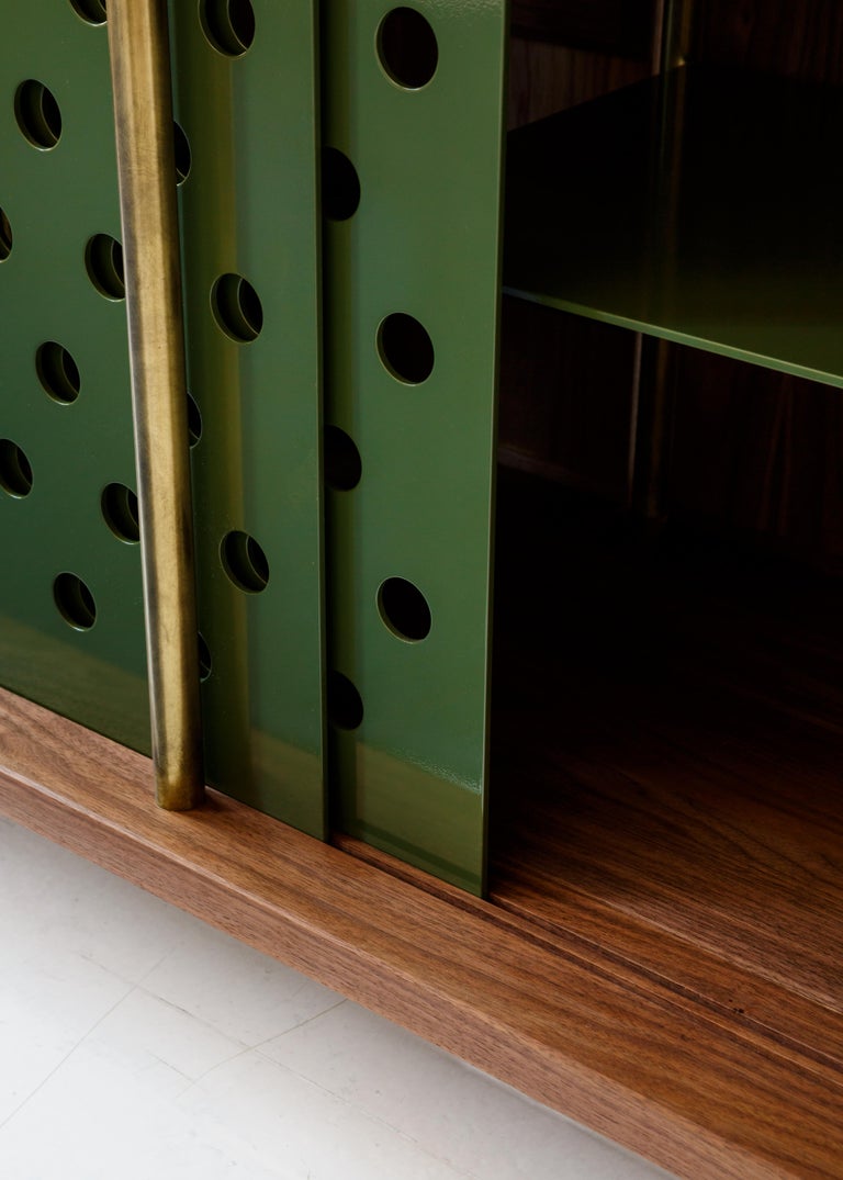 Oak Contemporary 4-Door Strata Credenza, Walnut, Brass, Green Doors by Fort Standard