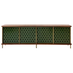 Contemporary 4-Door Strata Credenza, Walnut, Brass, Green Doors by Fort Standard