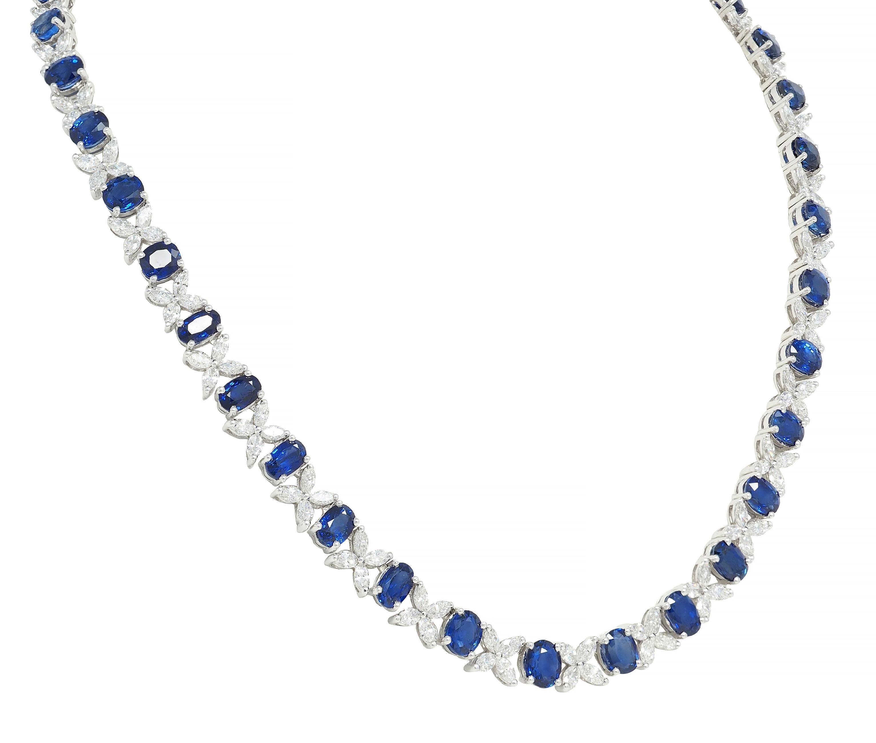 Contemporary 40.32 CTW Sapphire Diamond 18 Karat White Gold Floral Necklace In Excellent Condition In Philadelphia, PA