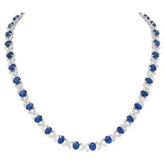 Used Contemporary 40.32 CTW Sapphire Diamond 18 Karat White Gold Floral Necklace