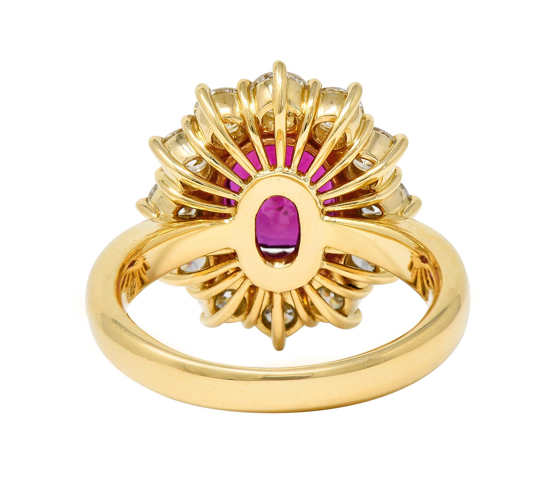 Contemporary 4.28 CTW Oval Step Cut Ruby Diamond 18 Karat Yellow Gold Ring In Excellent Condition For Sale In Philadelphia, PA