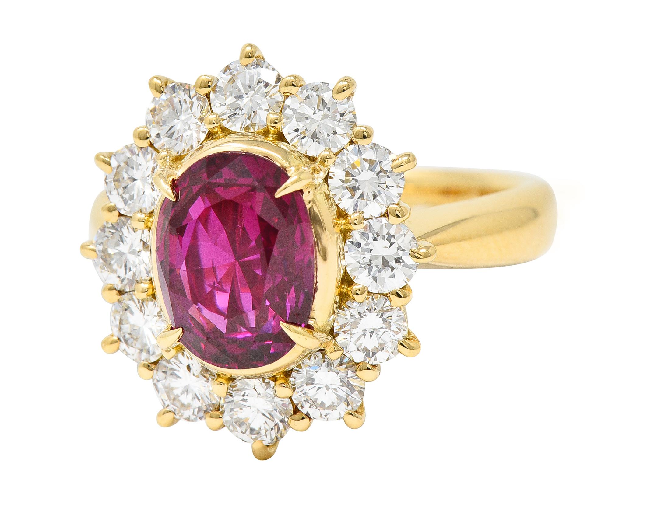 Contemporary 4.28 CTW Oval Step Cut Ruby Diamond 18 Karat Yellow Gold Ring For Sale 1