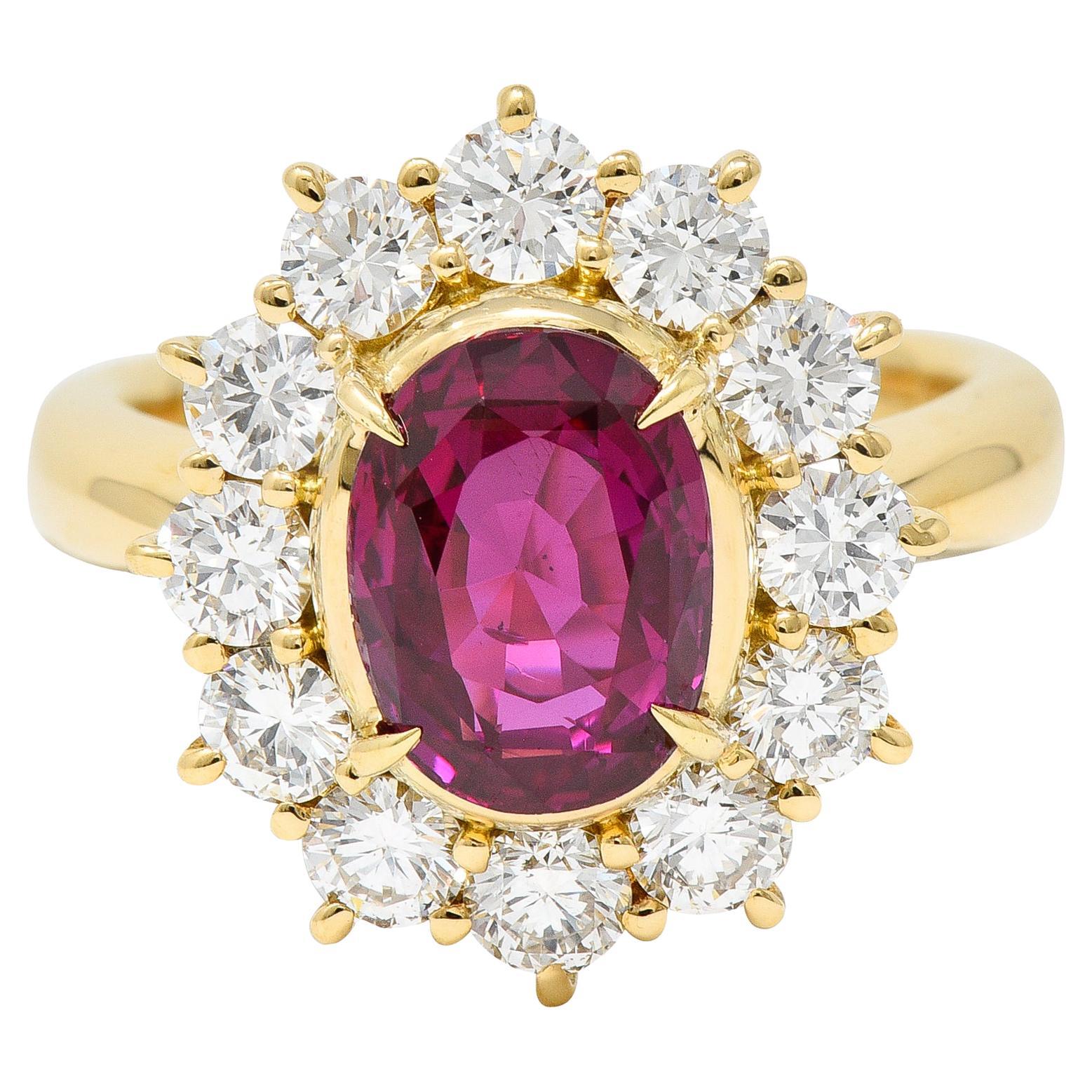 Contemporary 4.28 CTW Oval Step Cut Ruby Diamond 18 Karat Yellow Gold Ring For Sale