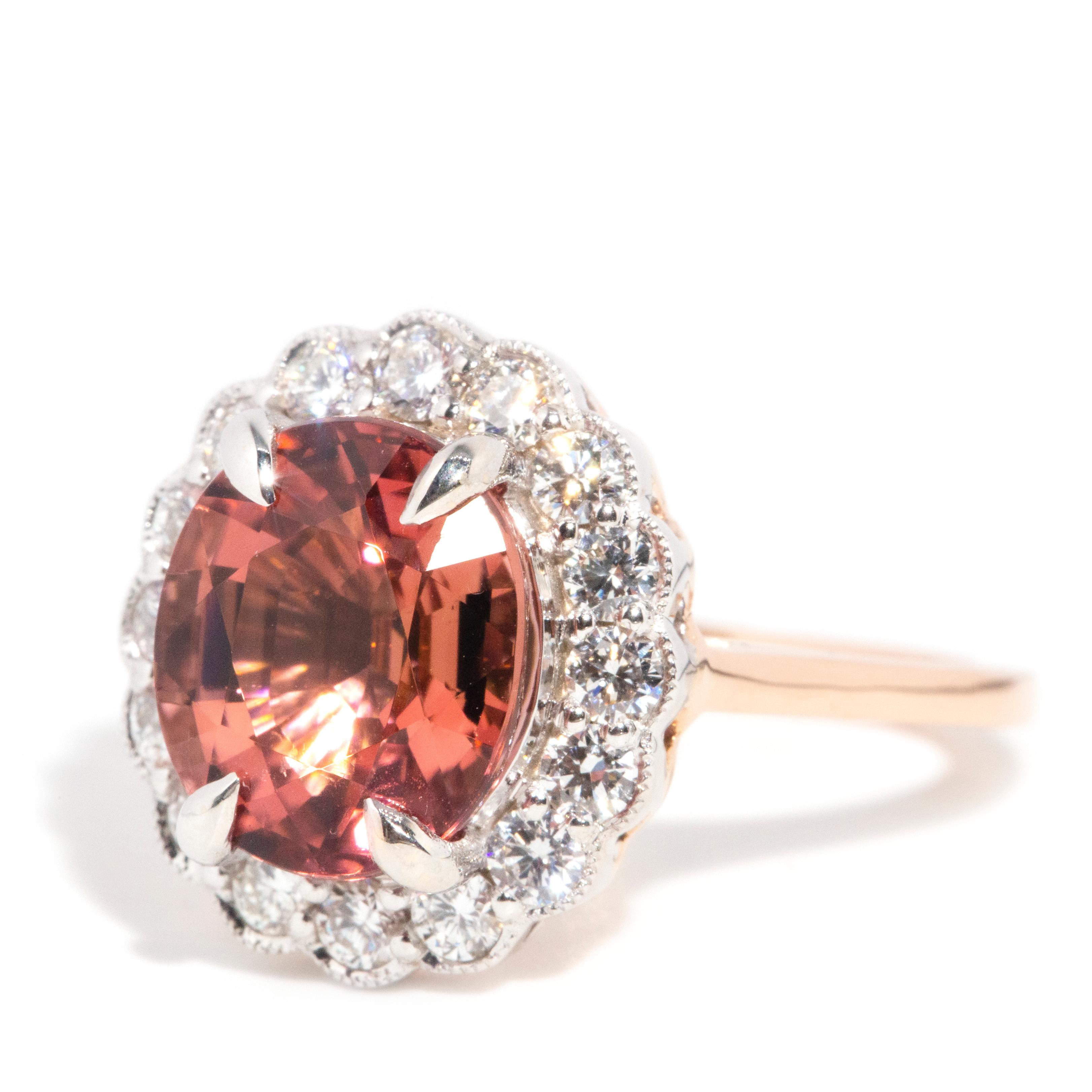 Women's Contemporary 4.38 Carat Oval Orange Pink Tourmaline & Diamond 18 Carat Gold Ring For Sale