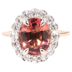 Retro Contemporary 4.38 Carat Oval Orange Pink Tourmaline & Diamond 18 Carat Gold Ring