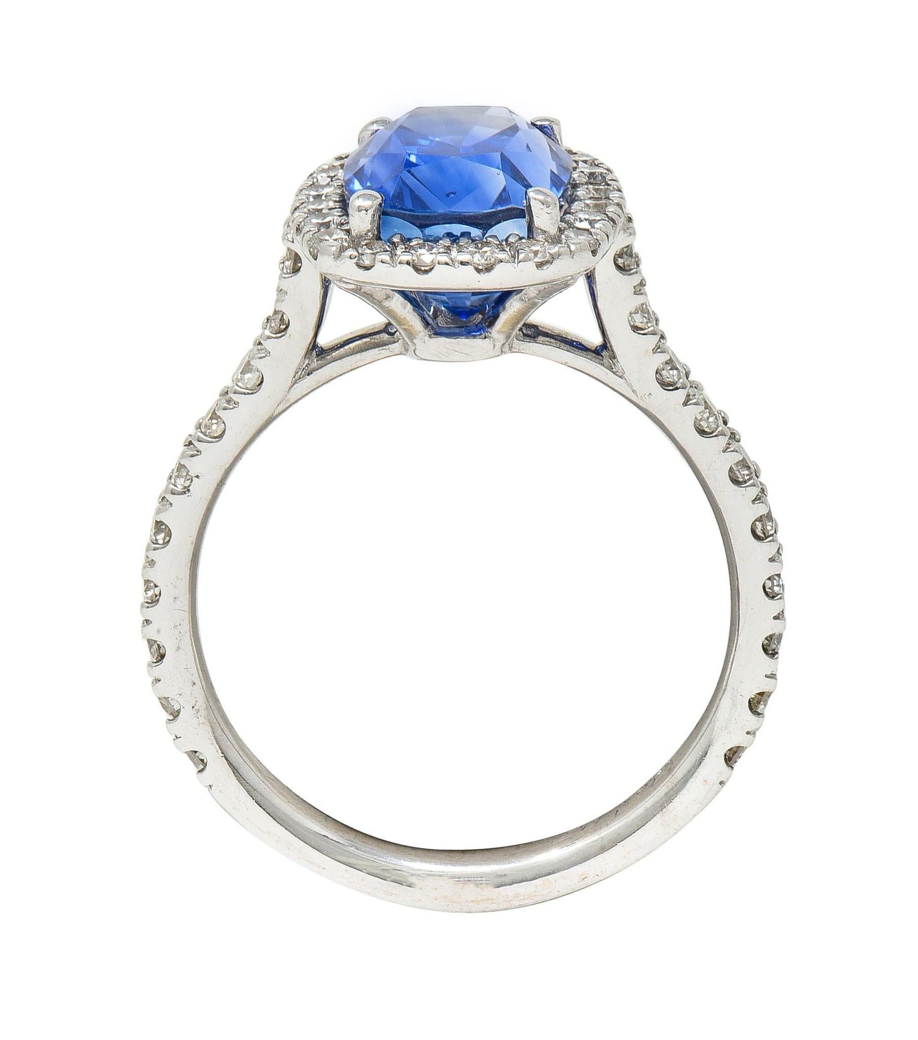 Contemporary 4.67 CTW Sapphire Diamond 18 Karat White Gold Halo Ring For Sale 6