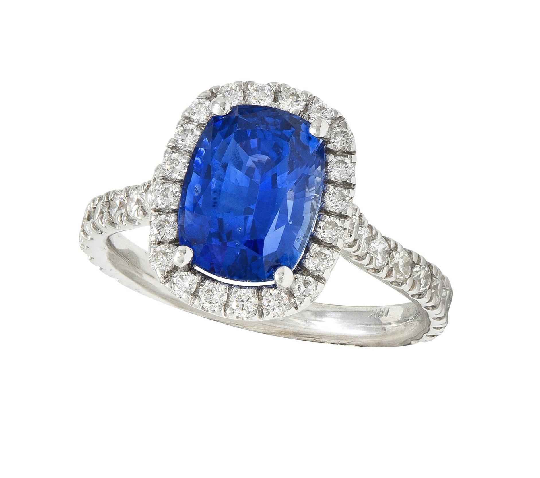 Contemporary 4.67 CTW Sapphire Diamond 18 Karat White Gold Halo Ring For Sale 7