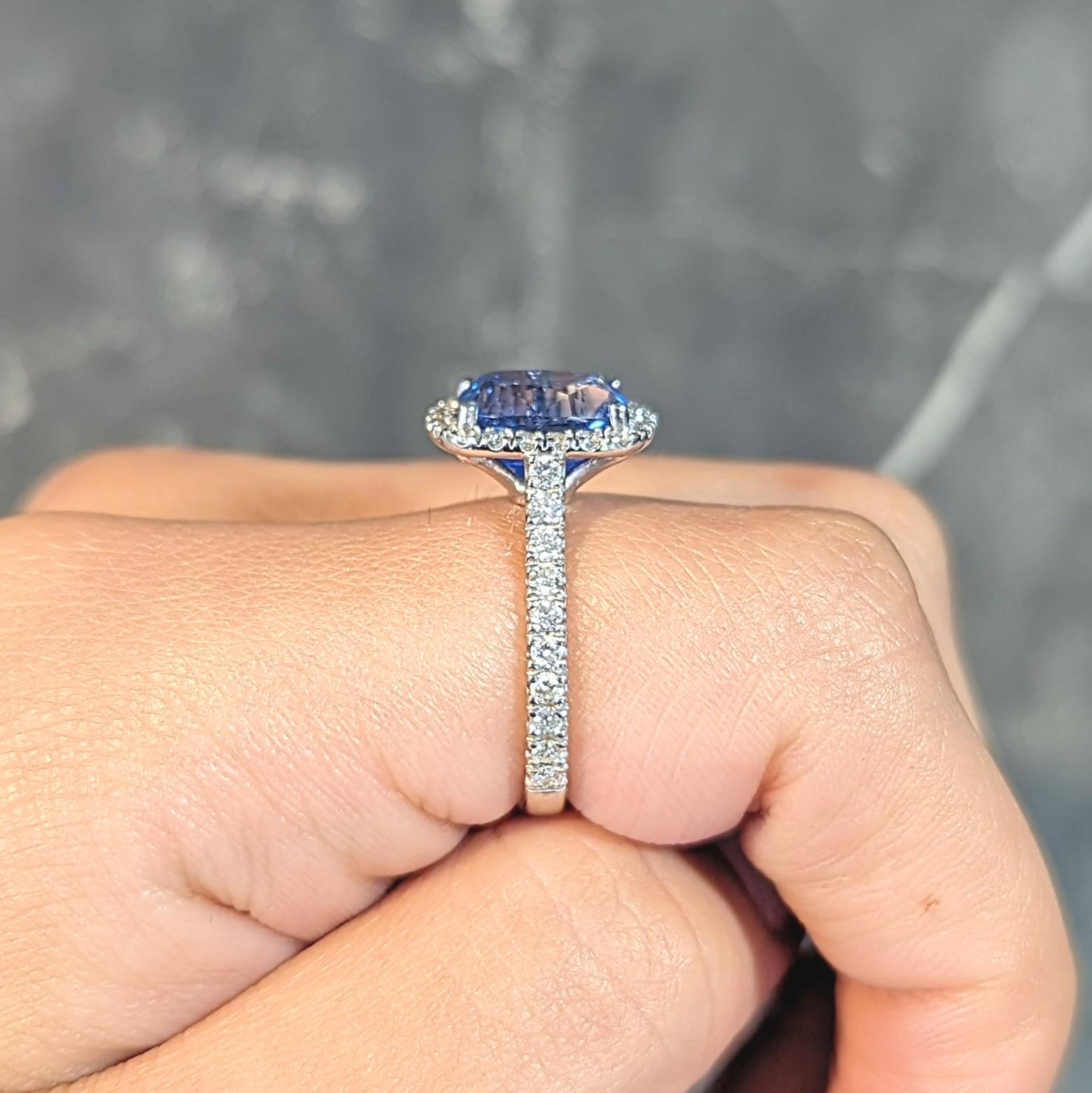 Contemporary 4.67 CTW Sapphire Diamond 18 Karat White Gold Halo Ring For Sale 9