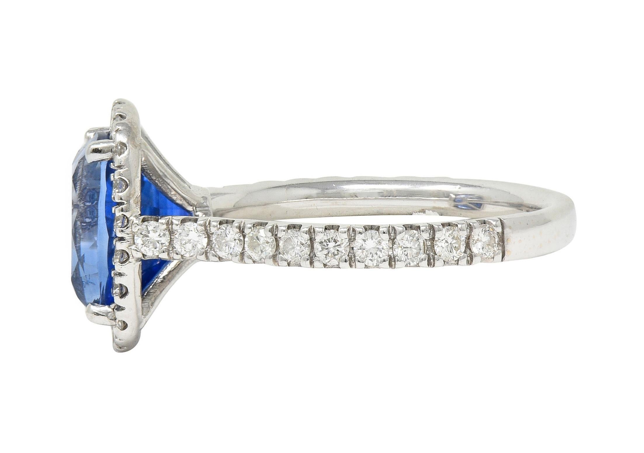 Contemporary 4.67 CTW Sapphire Diamond 18 Karat White Gold Halo Ring For Sale 1