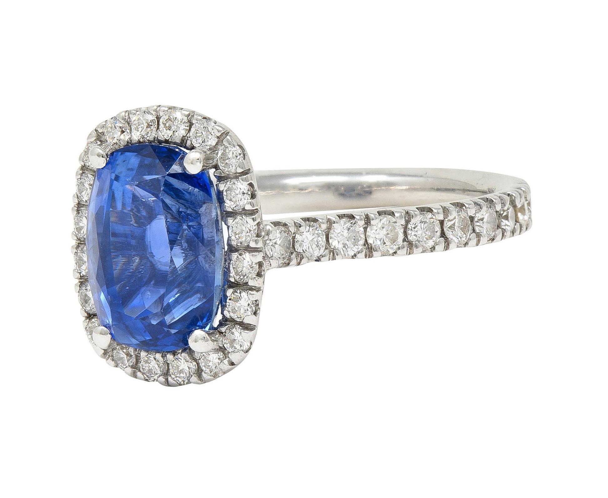 Contemporary 4.67 CTW Sapphire Diamond 18 Karat White Gold Halo Ring For Sale 2