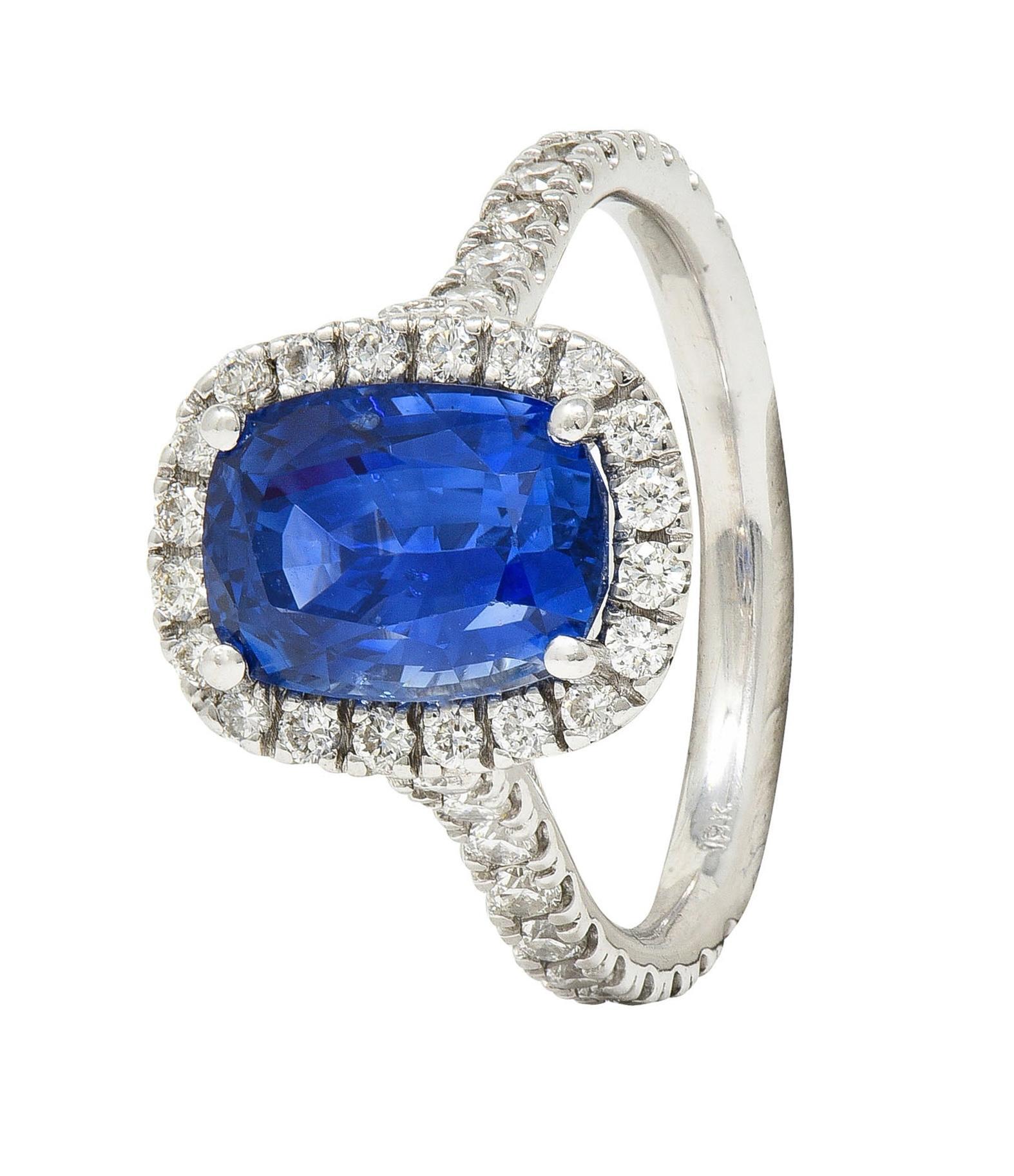 Contemporary 4.67 CTW Sapphire Diamond 18 Karat White Gold Halo Ring For Sale 4
