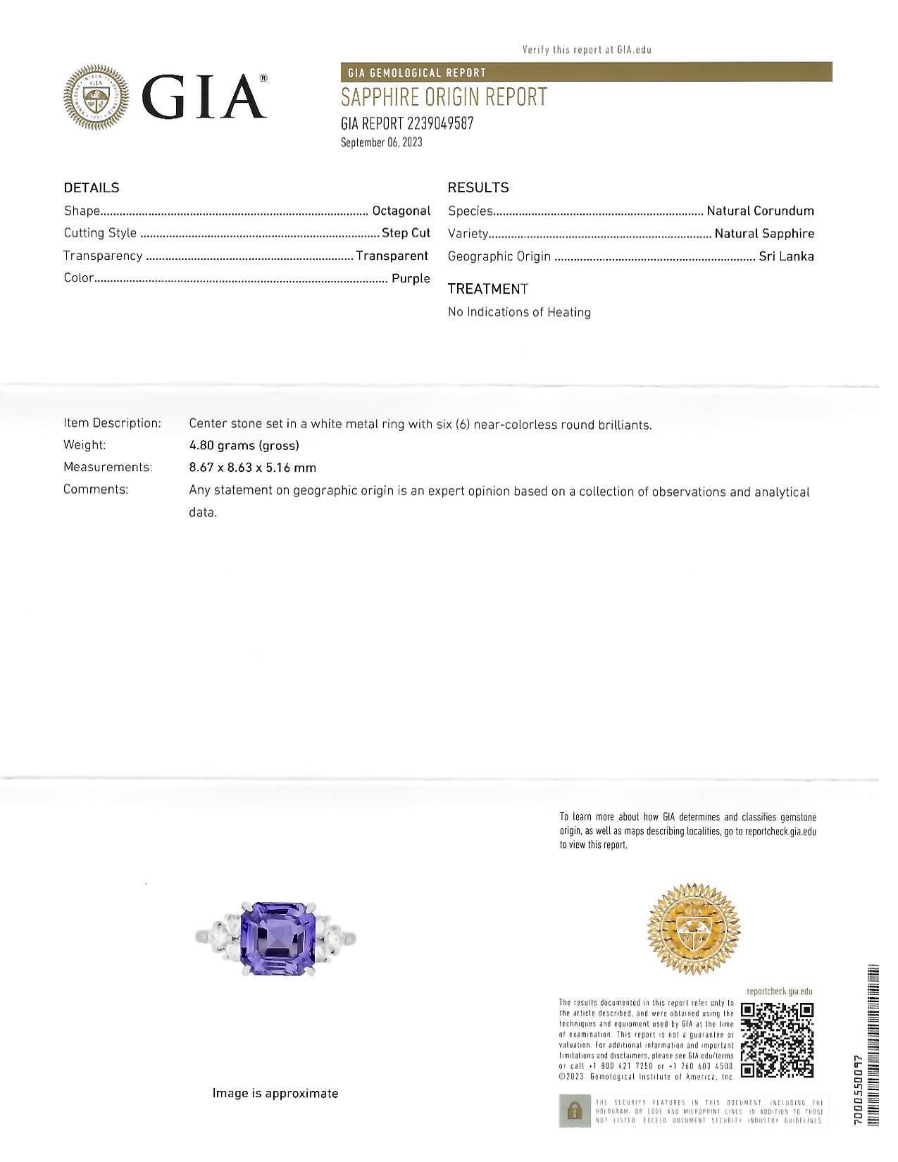 Contemporary 4.75 CTW No Heat Lavender Ceylon Sapphire Diamond Platinum Ring GIA 9