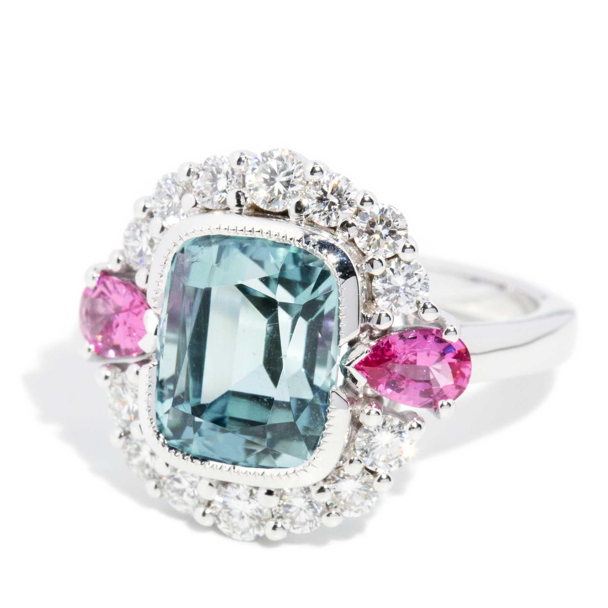 Emerald Cut Contemporary 4.75ct Tourmaline Pink Spinel & Diamond Ring 18 Carat White Gold For Sale