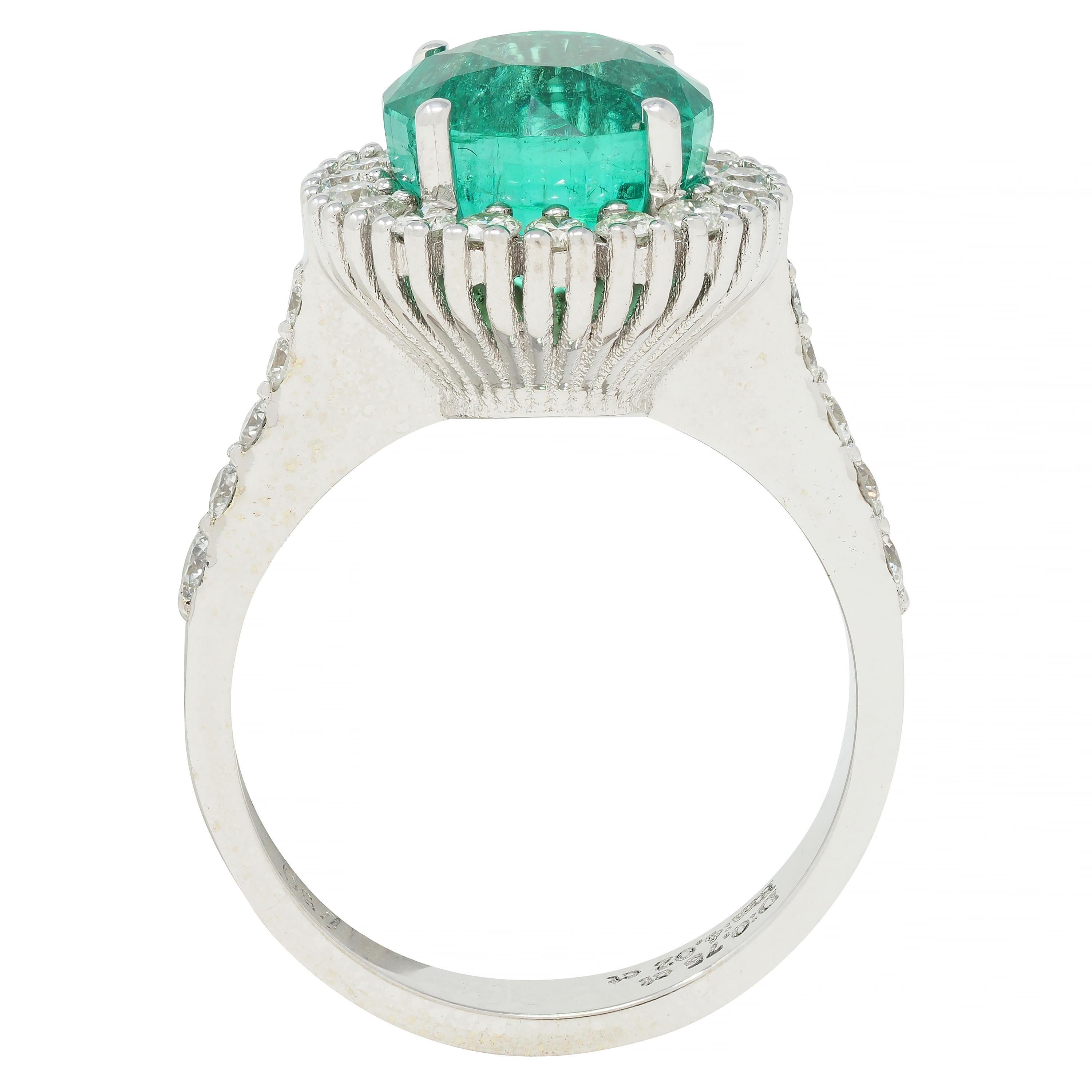 Contemporary 4.77 CTW Emerald Diamond 18 Karat Gold Halo Ring GIA For Sale 4