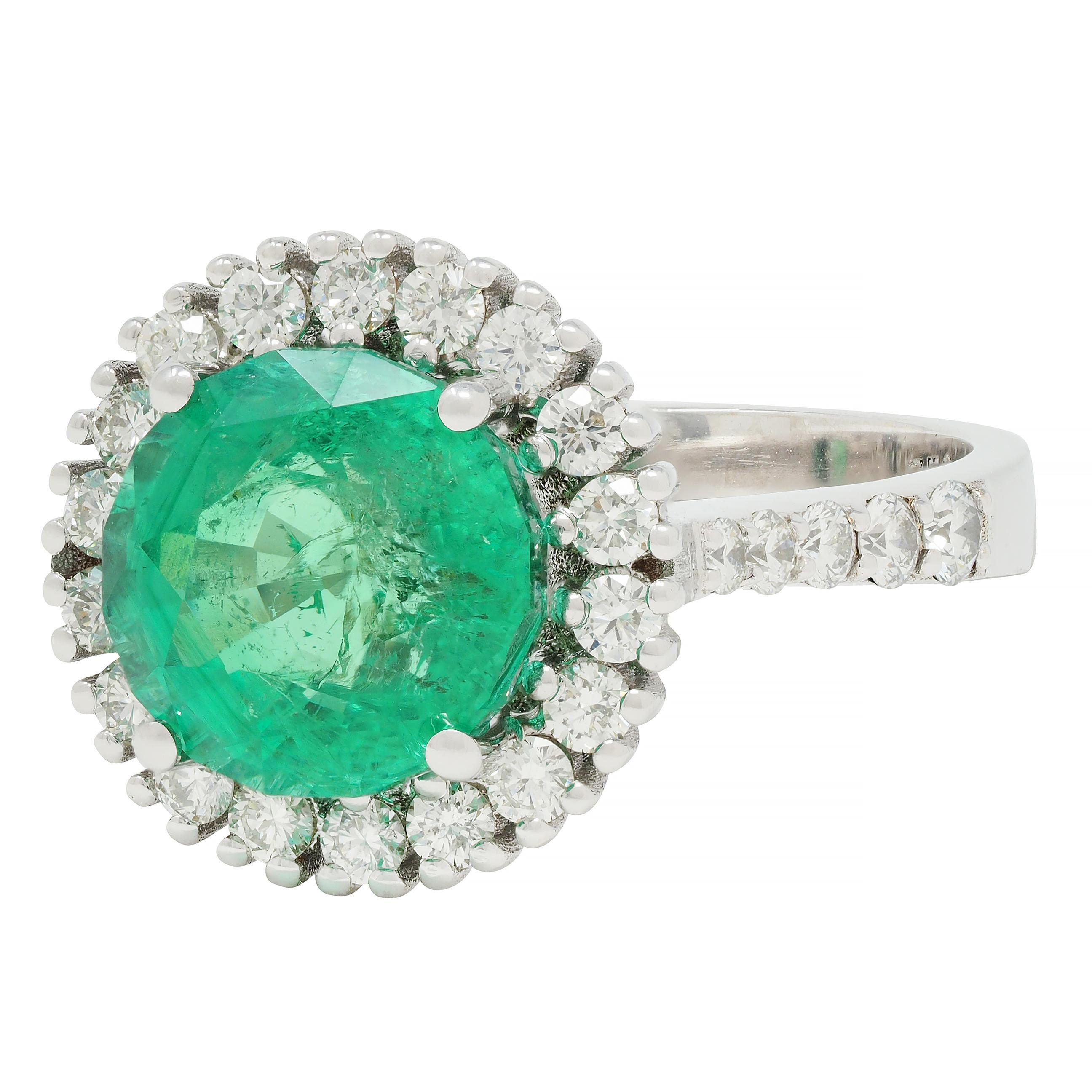 Contemporary 4.77 CTW Emerald Diamond 18 Karat Gold Halo Ring GIA For Sale 1