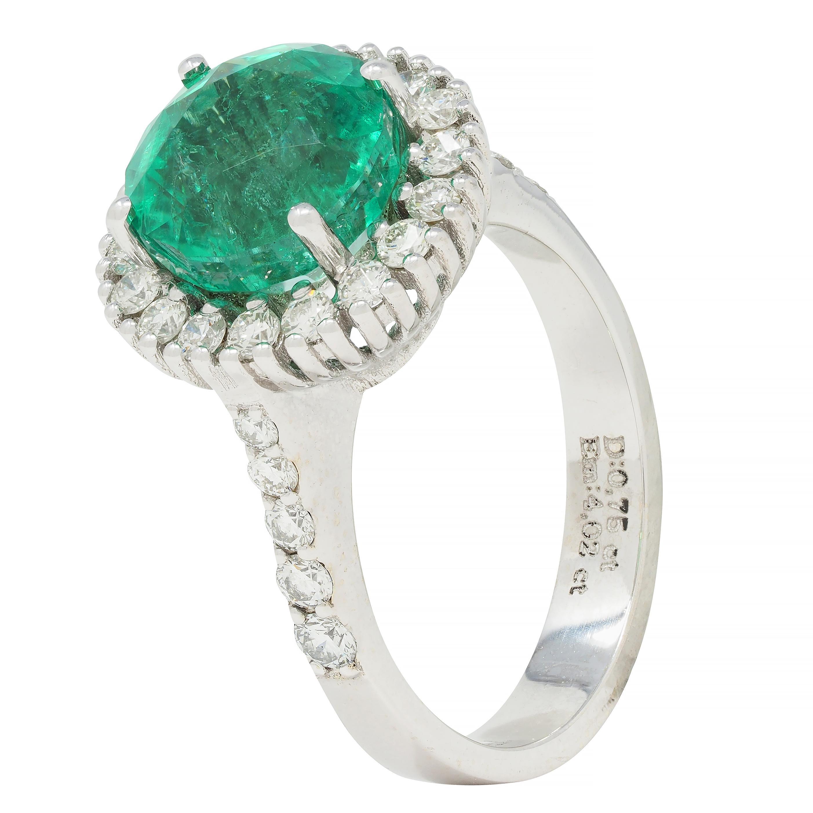 Contemporary 4.77 CTW Emerald Diamond 18 Karat Gold Halo Ring GIA For Sale 3