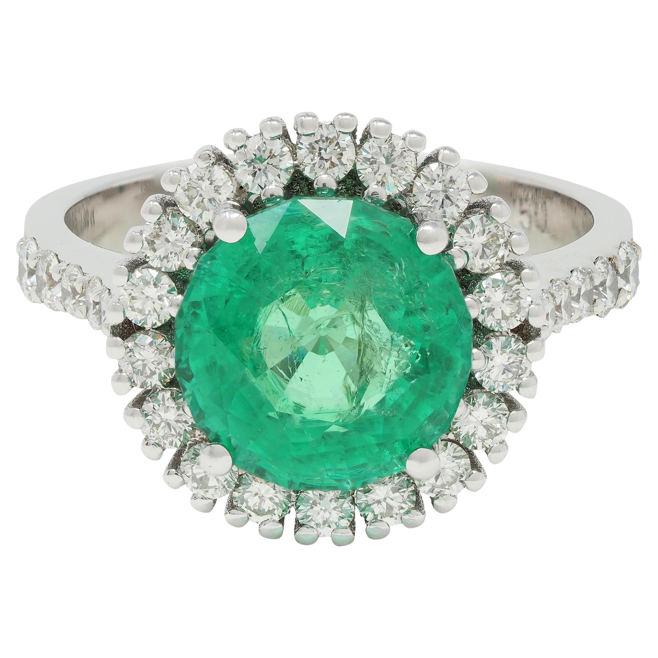 Contemporary 4.77 CTW Emerald Diamond 18 Karat Gold Halo Ring GIA For Sale