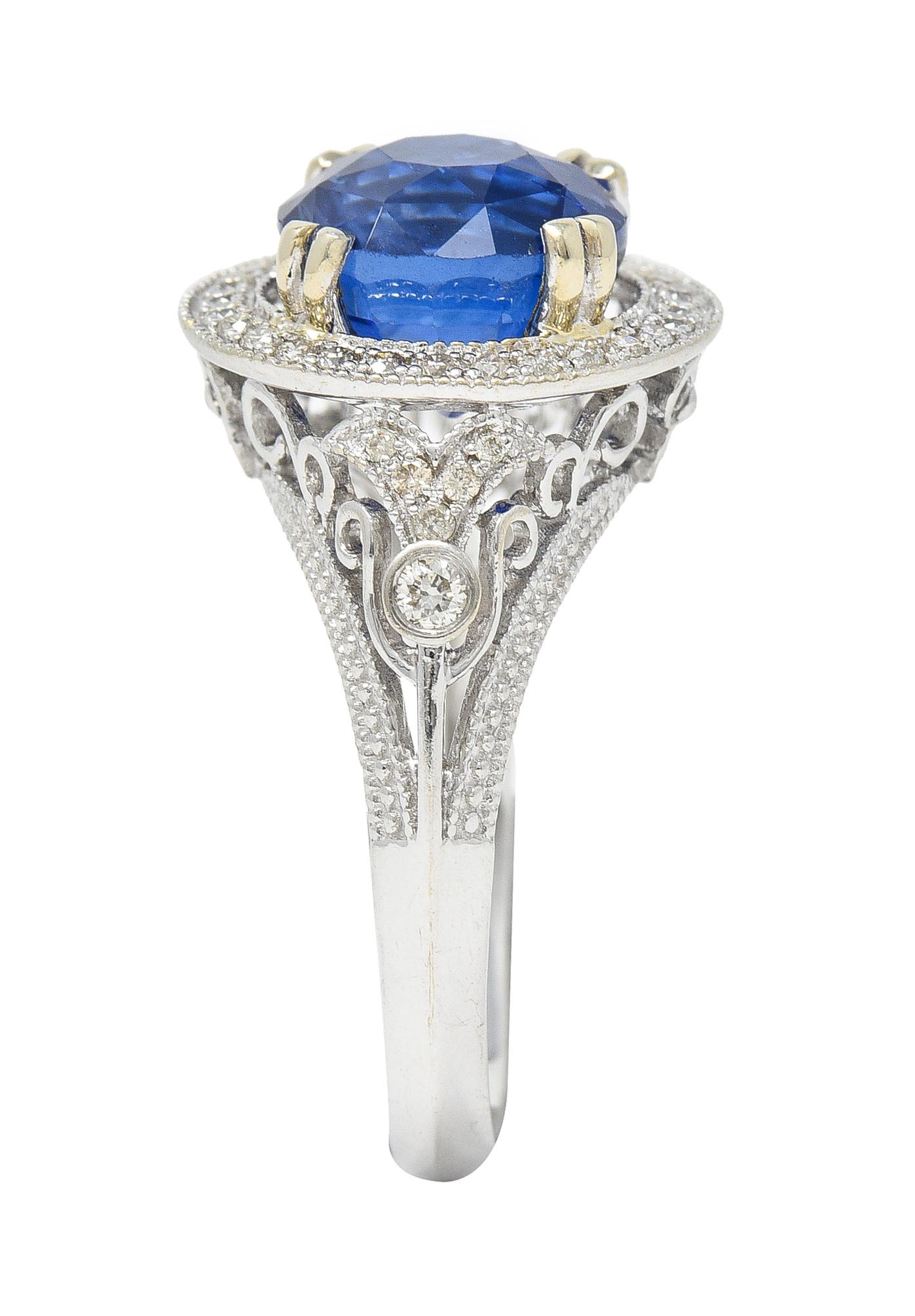 Contemporary 4.84 CTW Sapphire Diamond 14 Karat White Gold Halo Ring For Sale 7